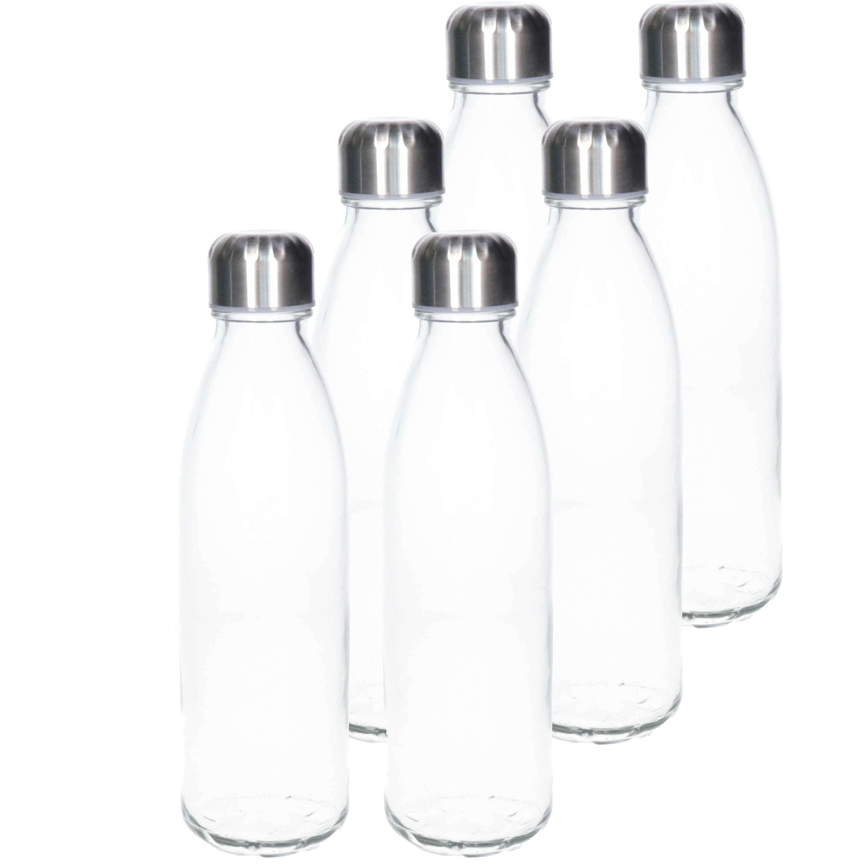 Waterfles/drinkfles - 6x - transparant - met RVS dop - 650 ml - glas - Sportfles - Bidon -