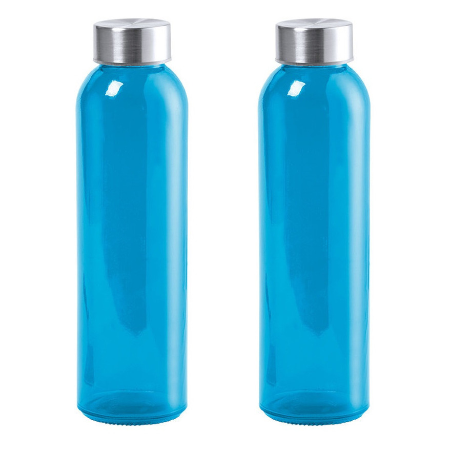 4x Stuks glazen waterfles/drinkfles blauw transparant met Rvs dop 550 ml -