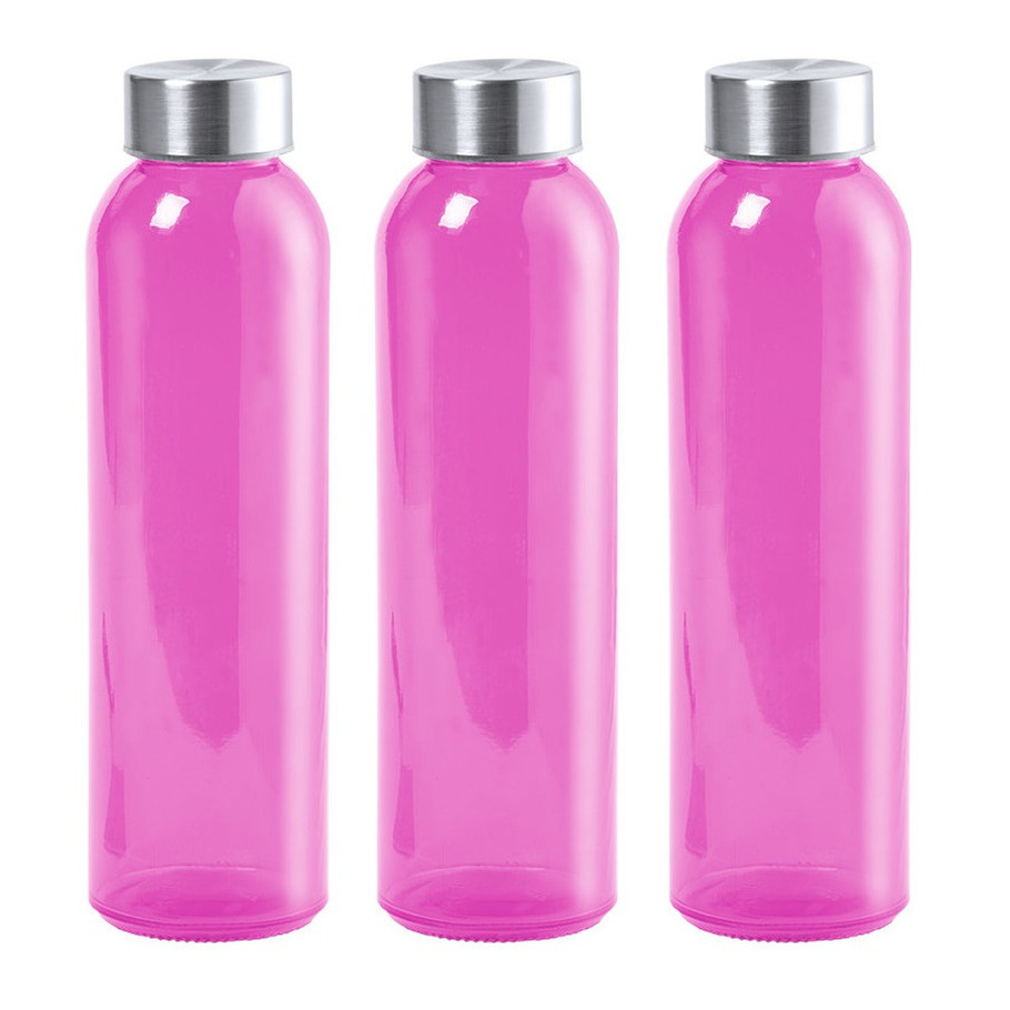 3x Stuks glazen waterfles/drinkfles fuchsia roze transparant met Rvs dop 550 ml -