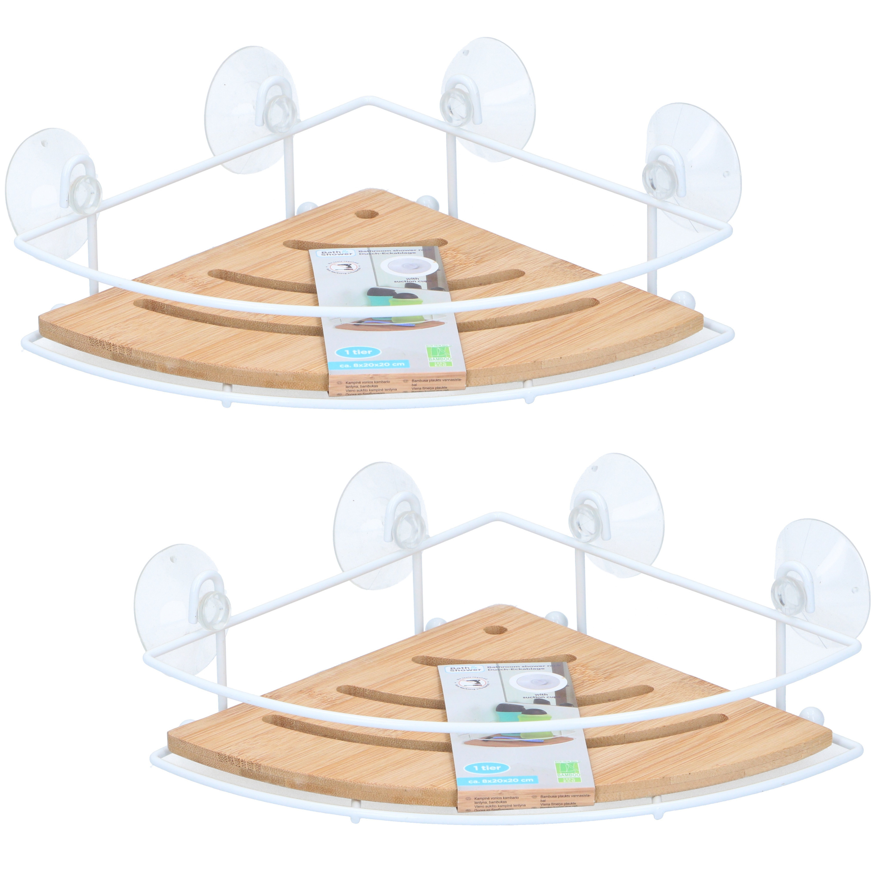 2x Stuks doucherekje/badkamerrekje hoek metaal/bamboe met zuignappen 27 cm -