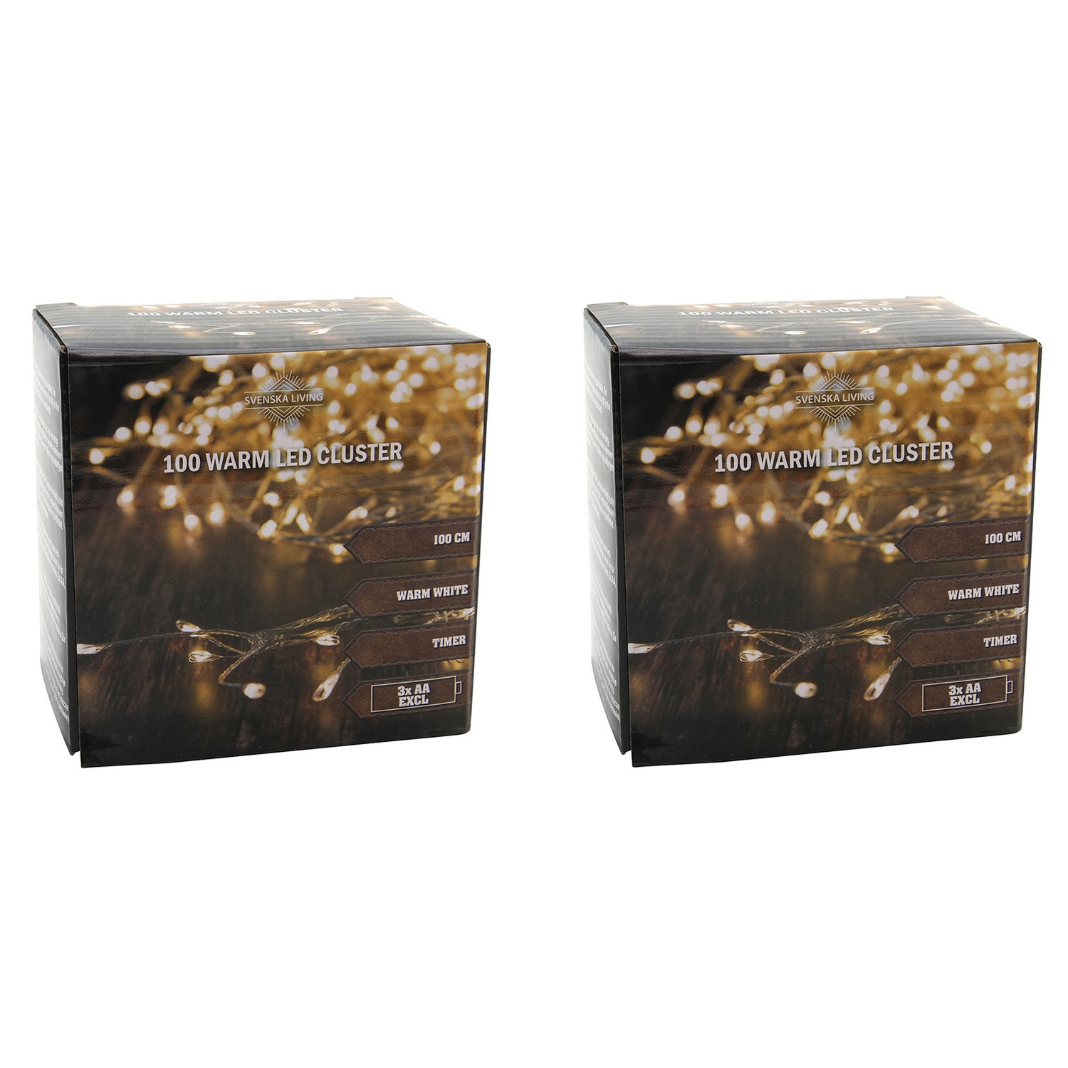 Set van 2x stuks cluster draadverlichting lichtsnoer met 100 lampjes warm wit op batterij 100 cm -
