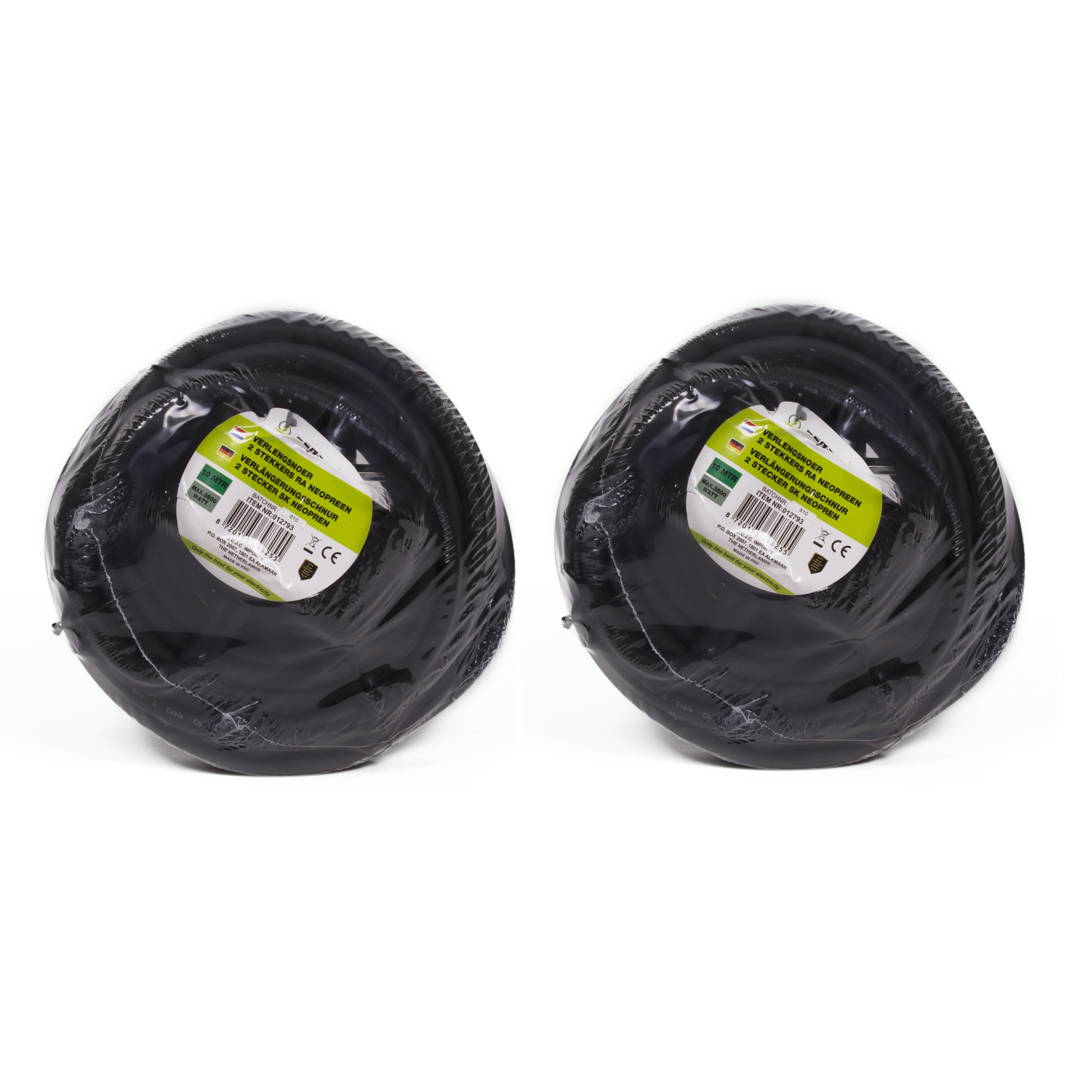 2x stuks verlengsnoer/kabel met 2 stopcontacten en klepjes zwart 10m randaarde binnen/buiten -