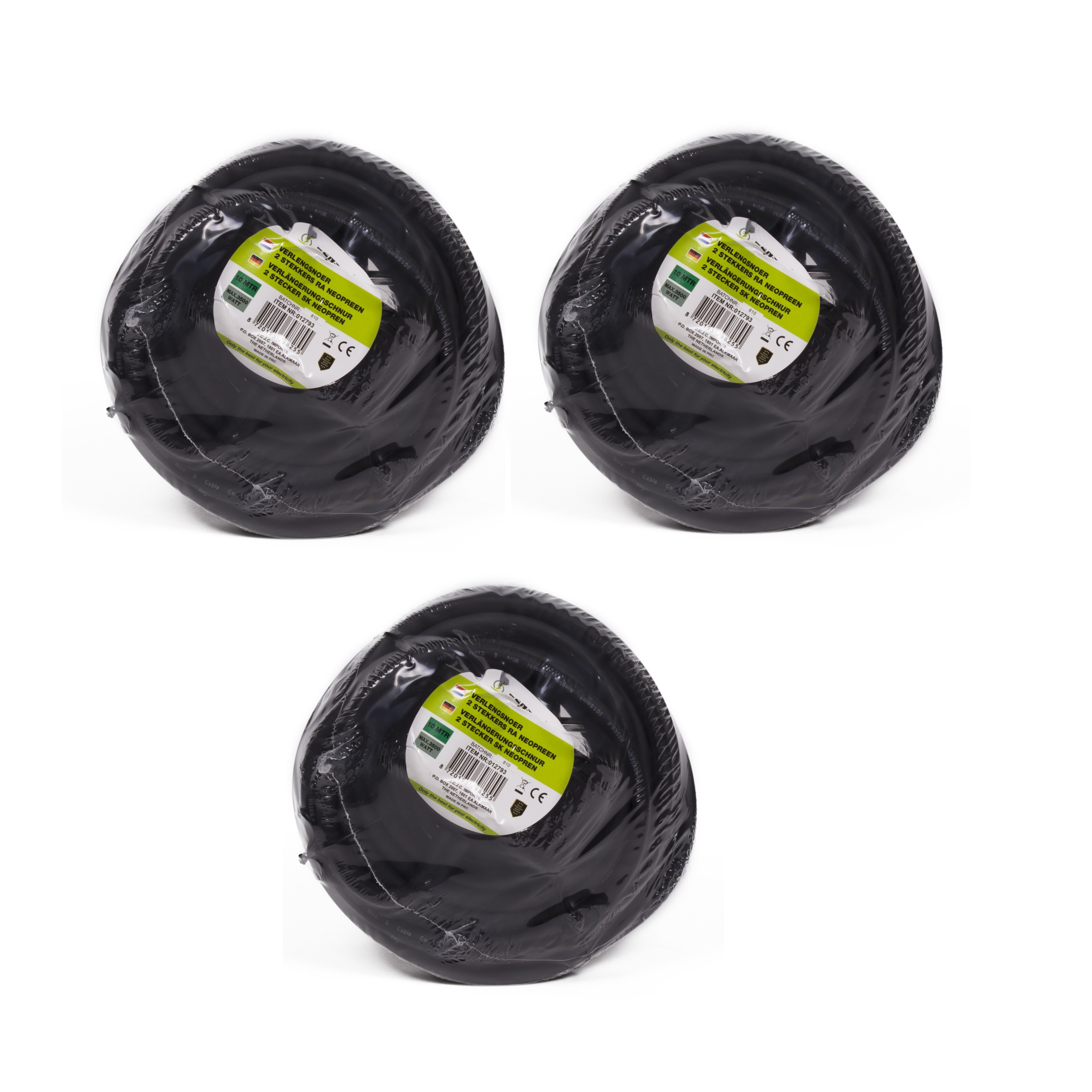 3x stuks verlengsnoer/kabel met 2 stopcontacten en klepjes zwart 10m randaarde binnen/buiten -