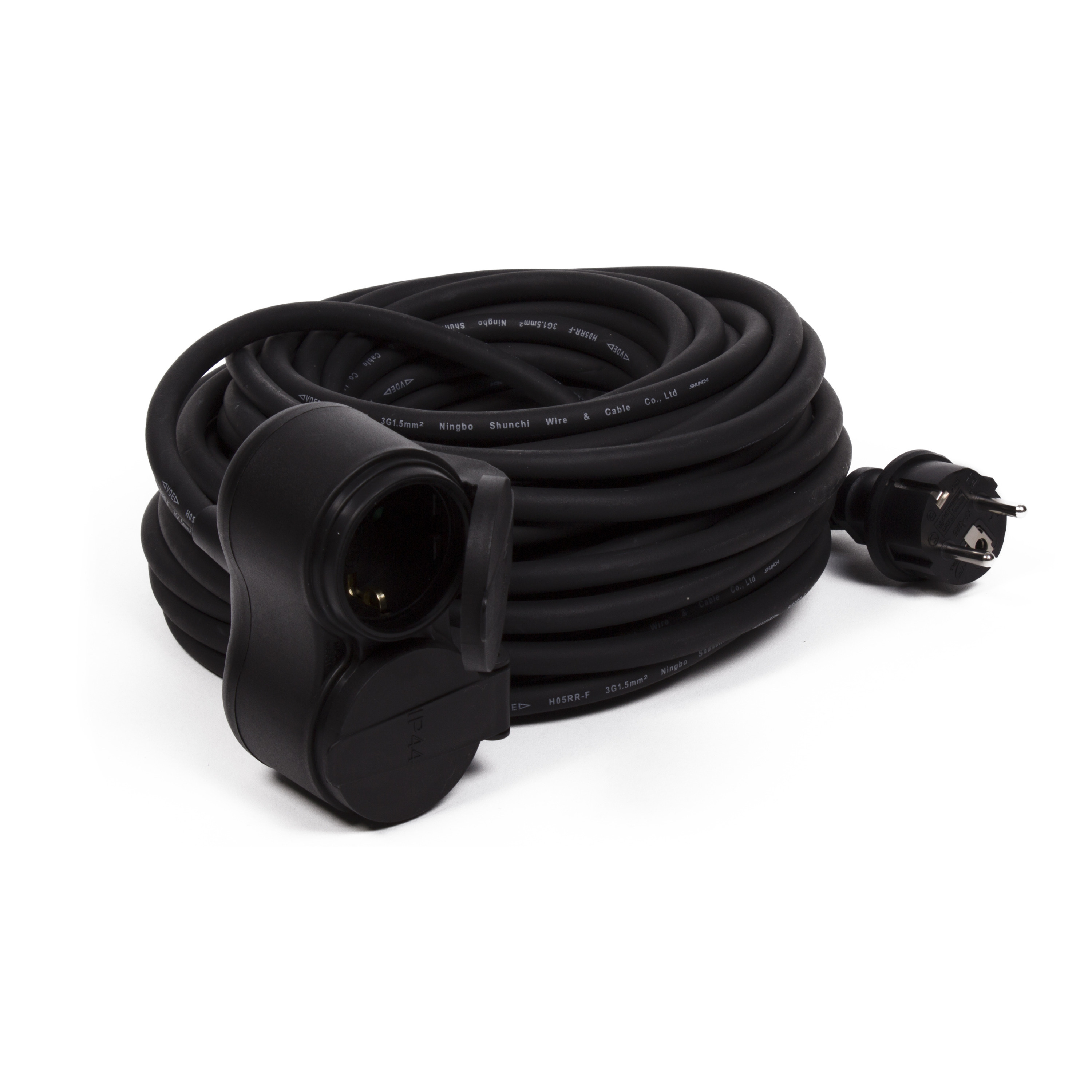 Verlengsnoer/kabel met 2 stopcontacten en klepjes zwart 10m randaarde binnen/buiten -