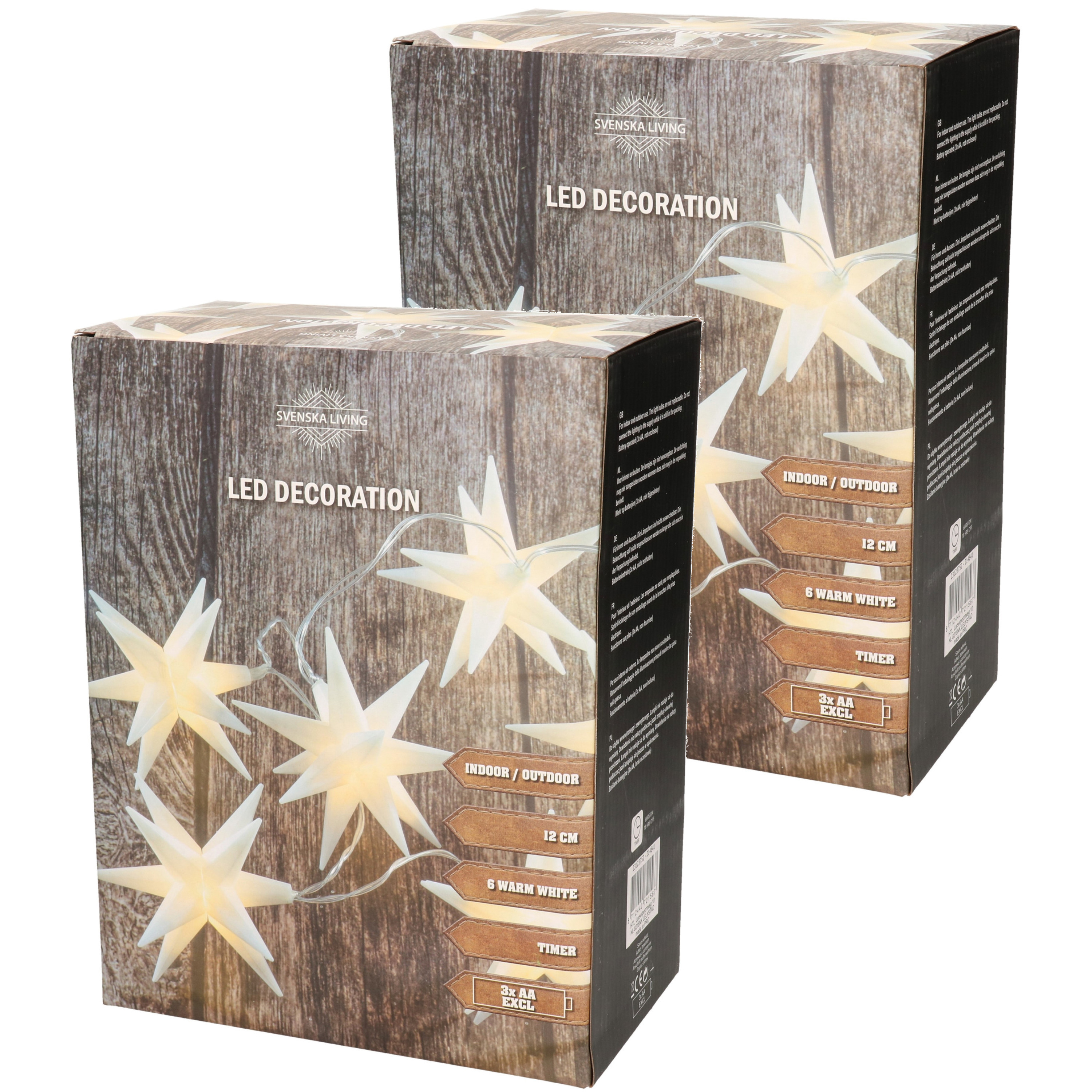 Set van 2x stuks kerstverlichting lichtsnoer met 6 witte sterren op batterijen -