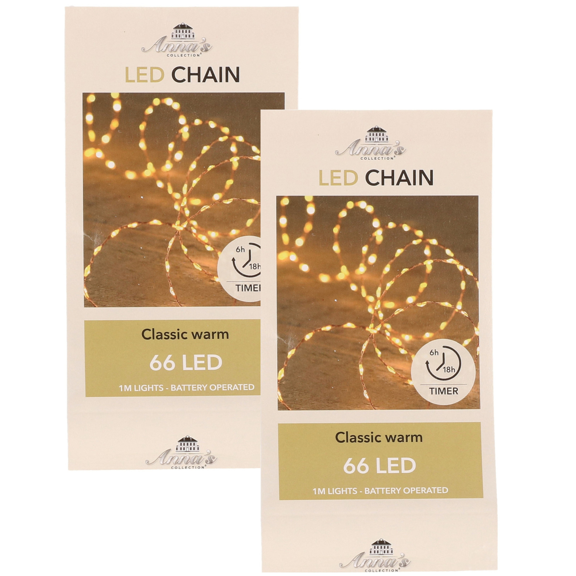 Set van 2x stuks 2x Draadverlichting koper met timer 66 classic warm witte led op batterij -