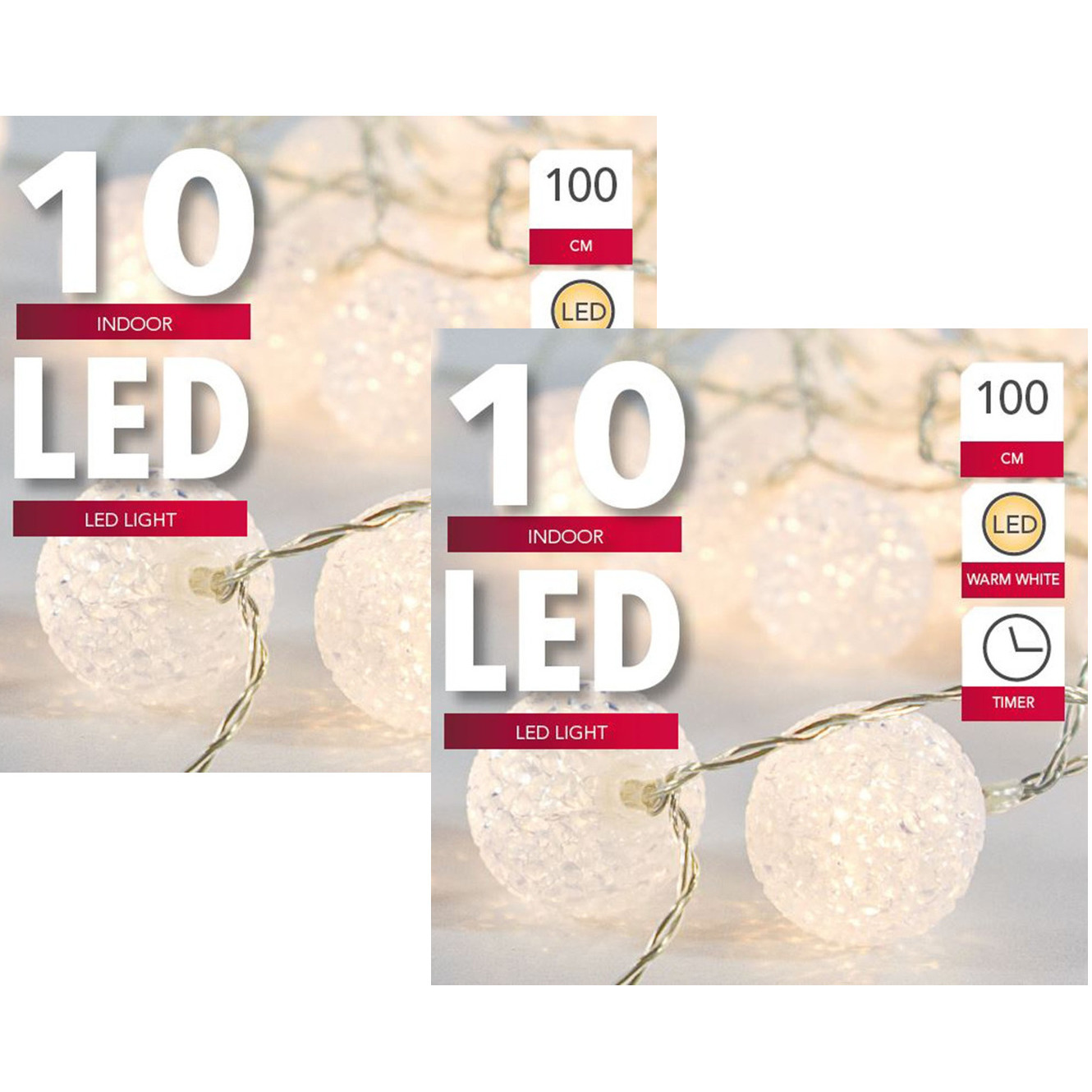 Set van 2x stuks lichtsnoer met 10 witte bolletjes warm wit op batterij met timer 135 cm -