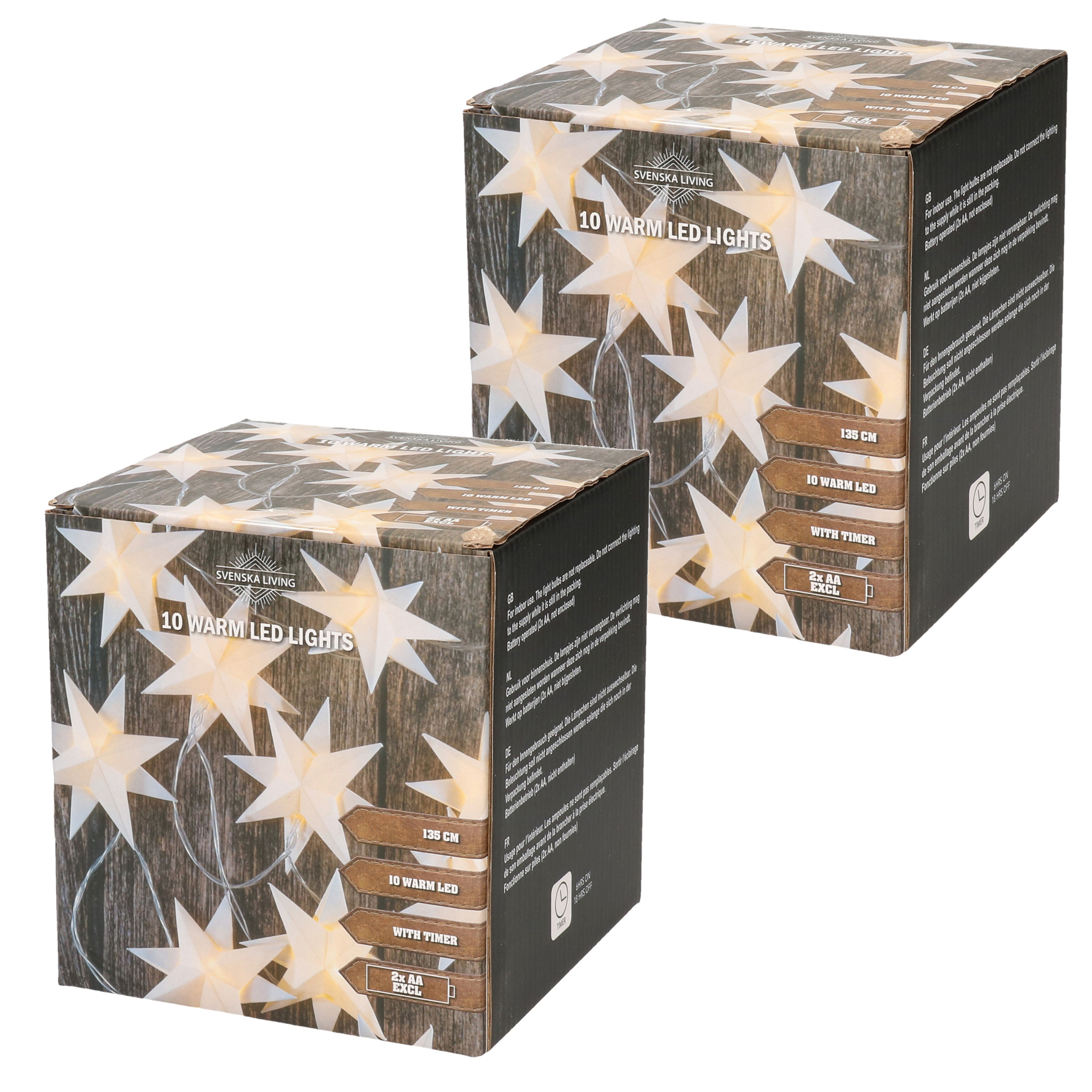 Set van 2x stuks kerstverlichting lichtsnoer met 10 witte sterren op batterijen 135 cm -