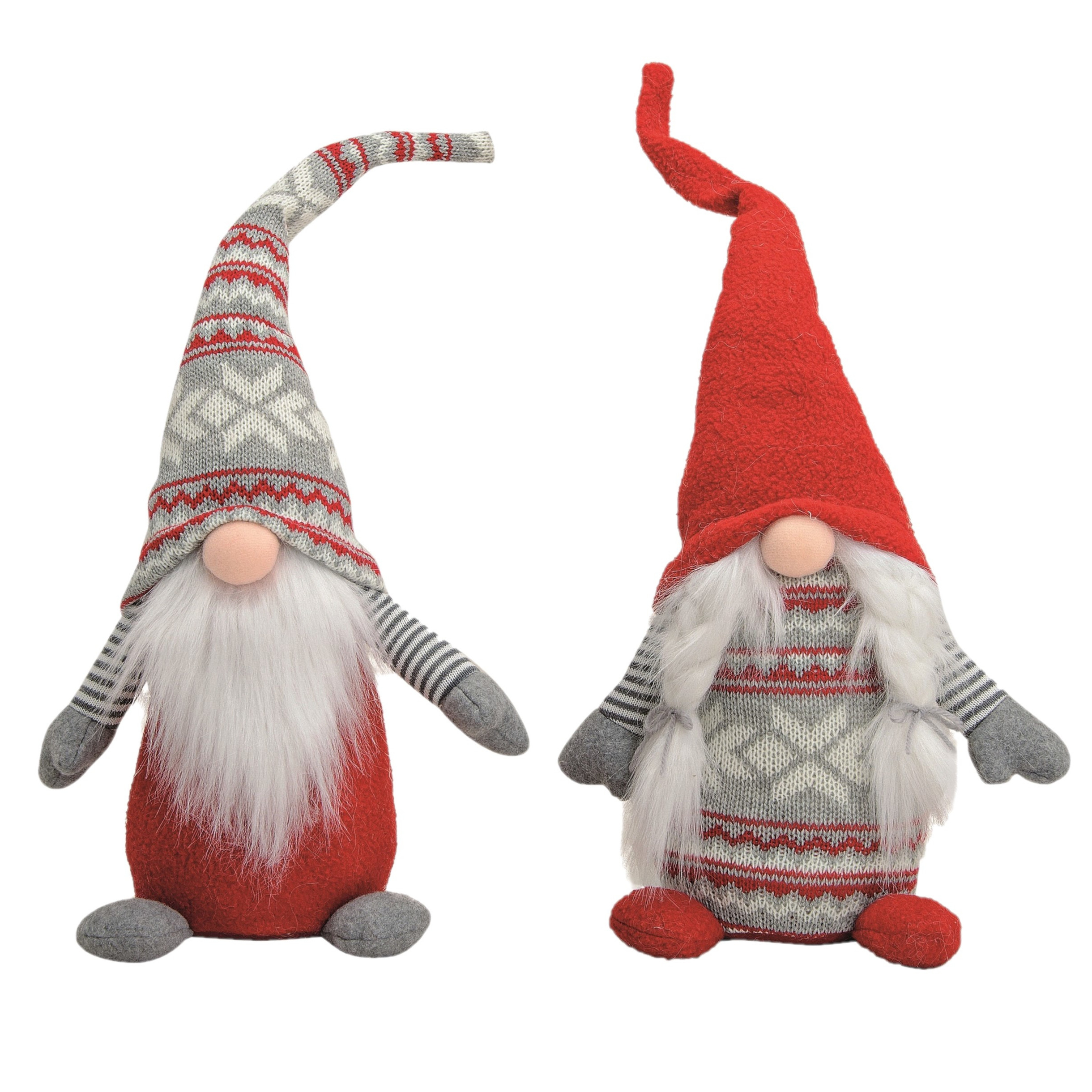 2x stuks pluche gnome/dwerg decoratie pop/knuffel rood/grijs vrouwtje en mannetje 45 x 14 cm -