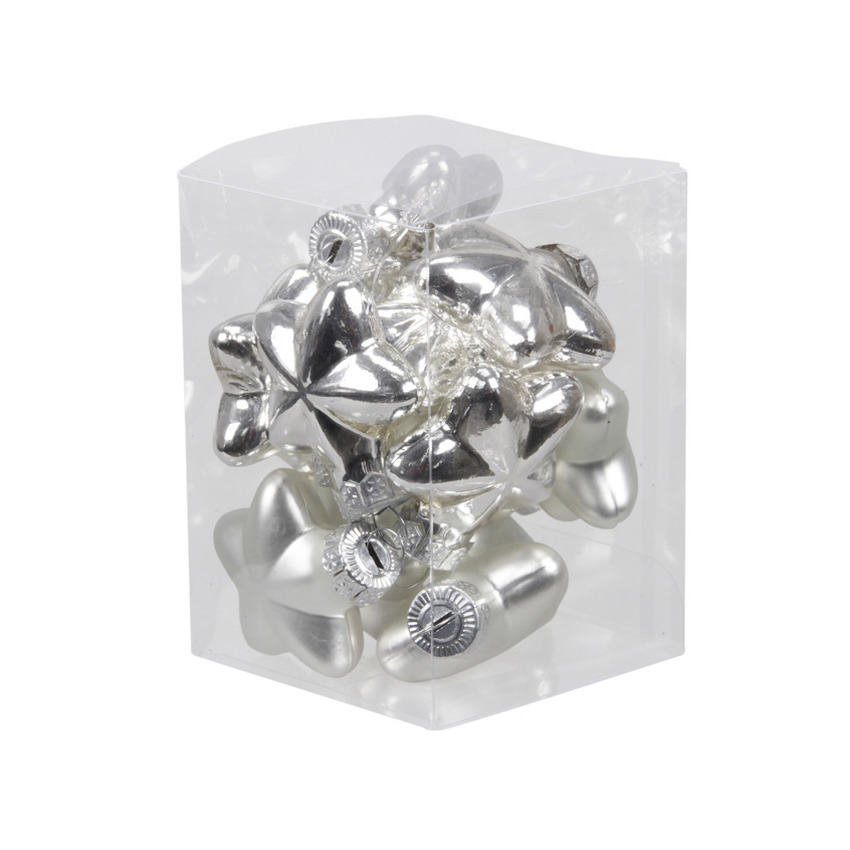Kerstornamenten - sterren - 12x st - zilver - 4 cm - glas - mat/glans - kerstversiering -
