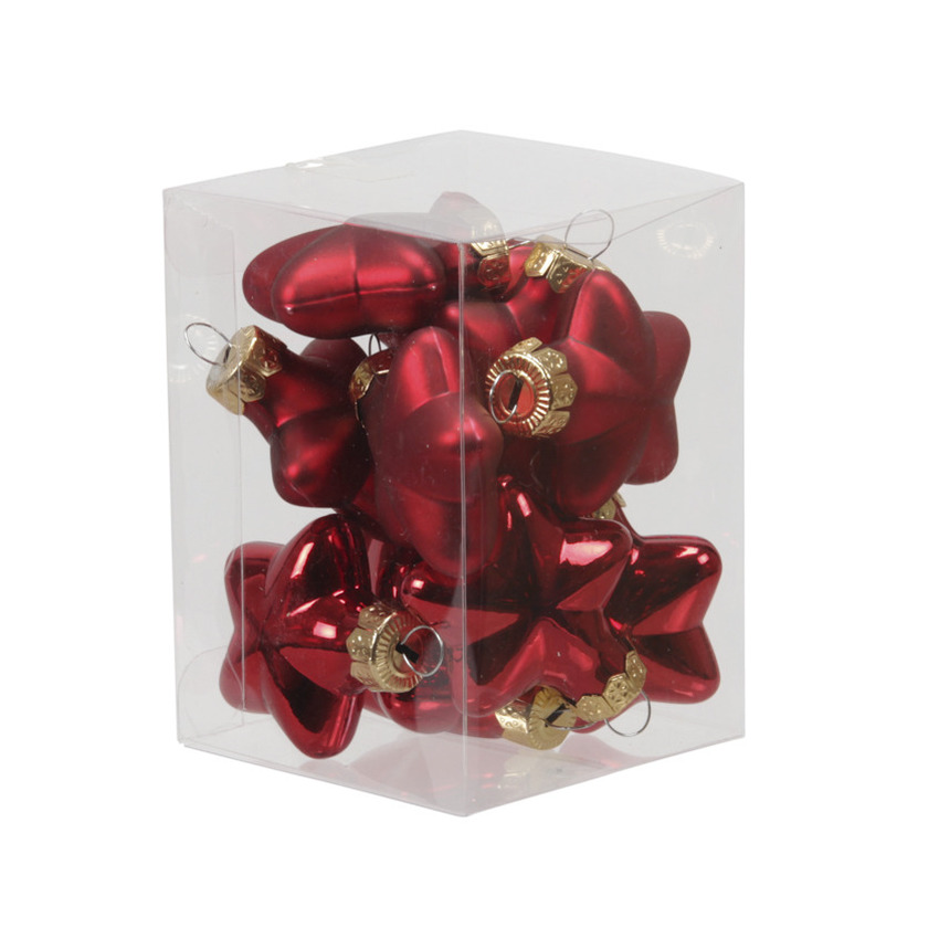 Kerstornamenten - sterren - 12x st - rood - 4 cm - glas - mat/glans - kerstversiering -