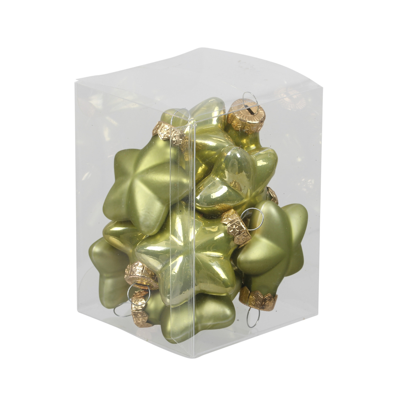Kerstornamenten - sterren - 12x st - salie groen - 4 cm - glas - mat/glans - kerstversiering -