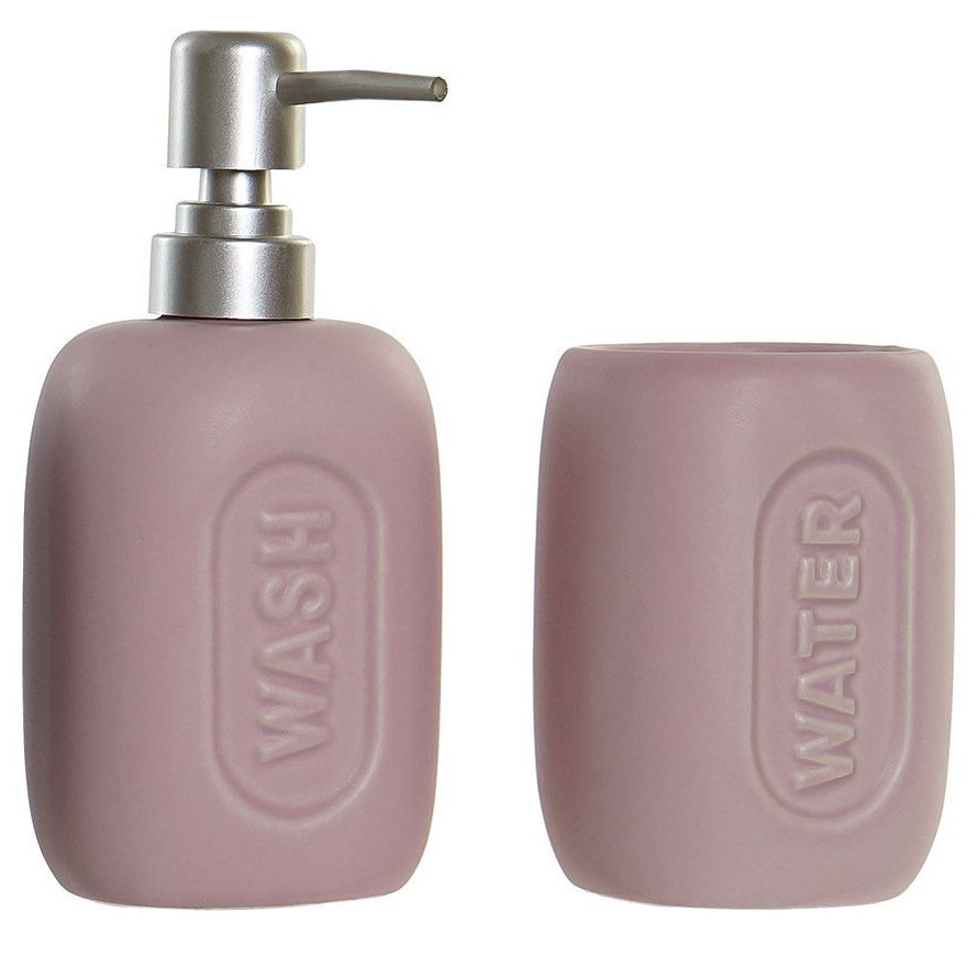 Badkamerset met zeeppompje en tandenborstel beker roze polystone 17 cm -