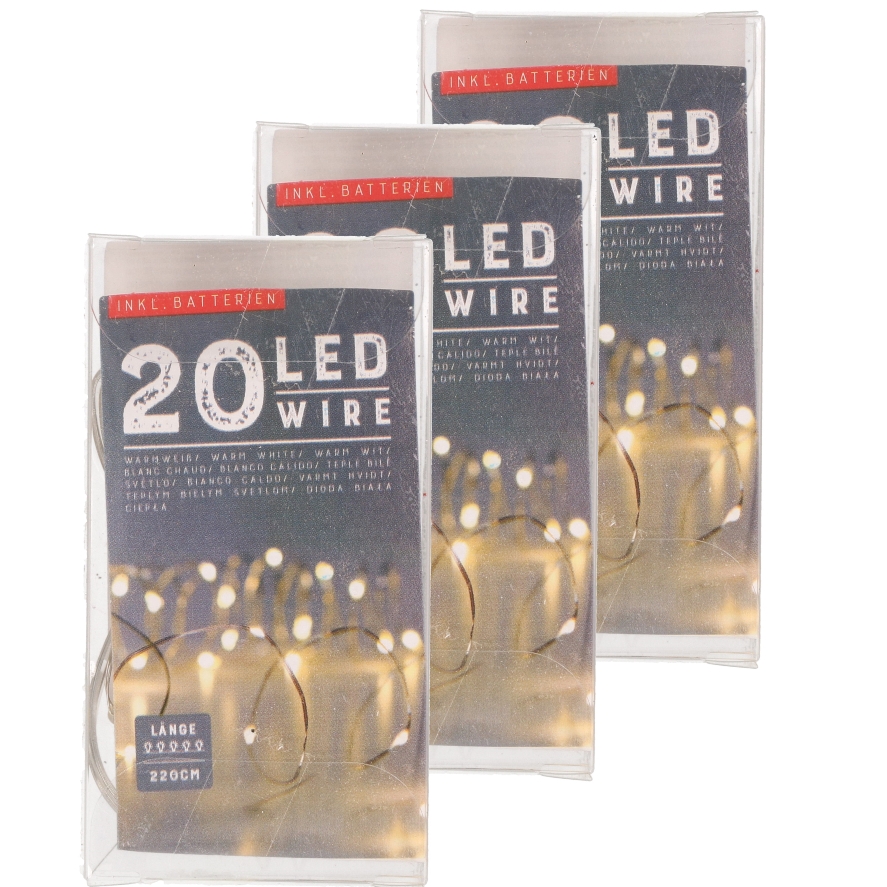 Draadverlichting - Set van 6x stuks - zilver- 20 LED - warm wit - 220 cm - kleine batterij houder -
