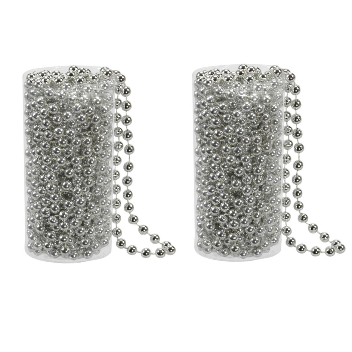 2x stuks kerstboom kralenslingers zilver 8 meter kerstslingers -