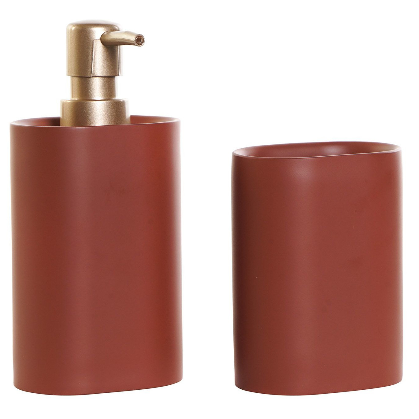 Badkamerset met zeeppompje en tandenborstel beker terracotta kunststof 18 cm -