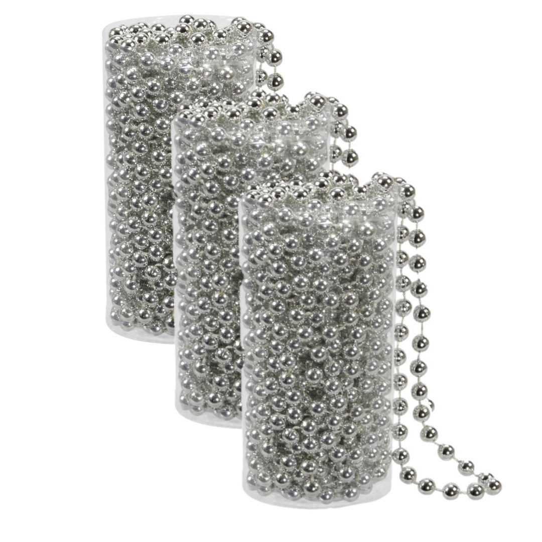 3x stuks kerstboom kralenslingers zilver 8 meter kerstslingers -