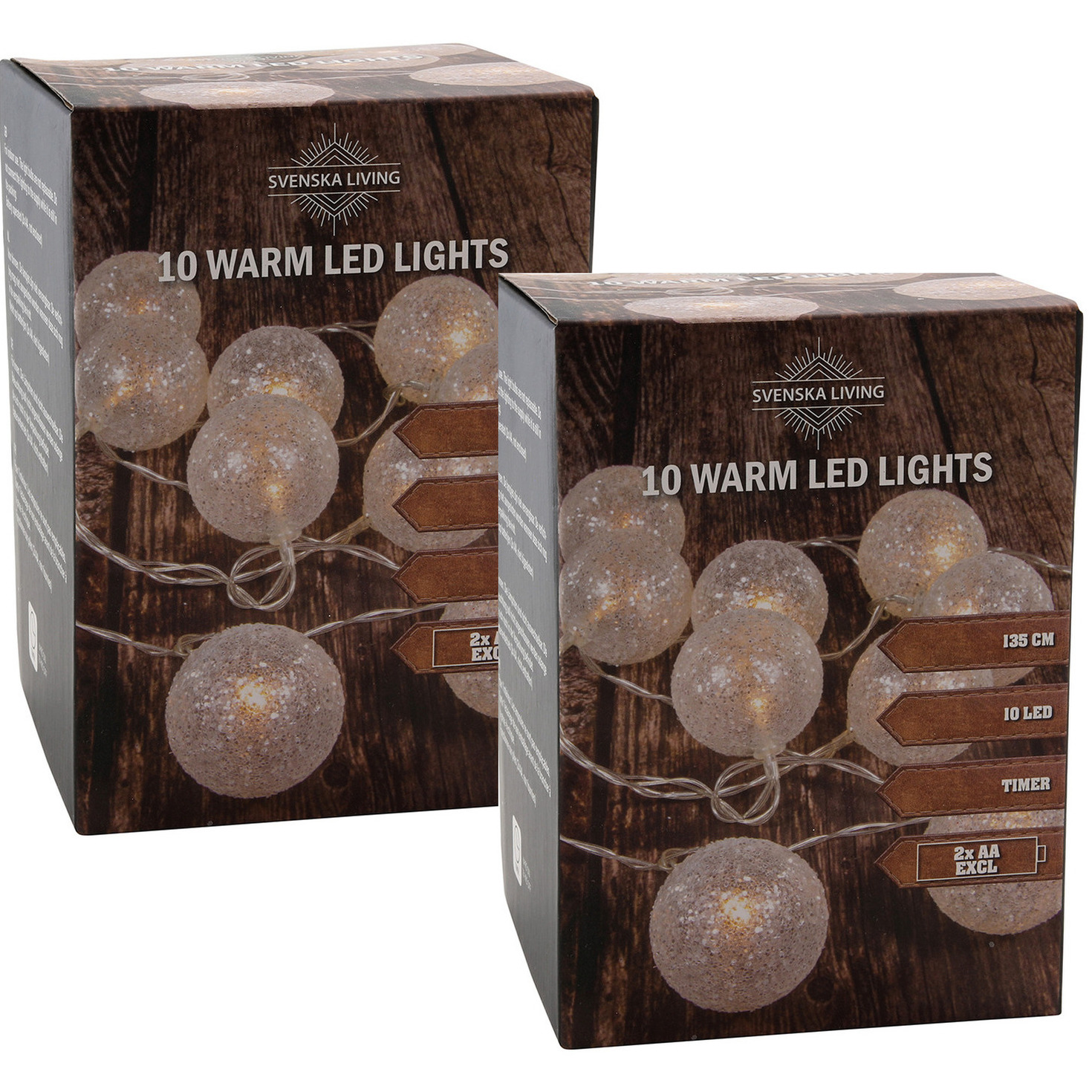 Set van 2x stuks lichtsnoer met 10 witte glitter bolletjes warm wit op batterij 135 cm -
