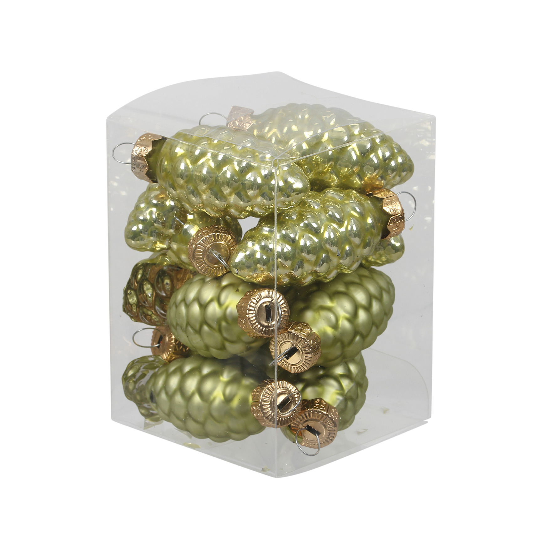 Kersthangers dennenappels - 12x st - salie groen - 6 cm - glas - kerstornamenten -