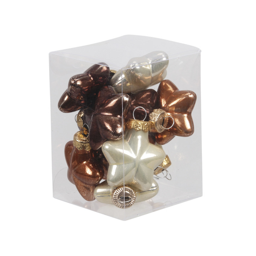 Kerstornamenten - sterren - 12x st - mix bruin - 4 cm - glas - mat/glans - kerstversiering -