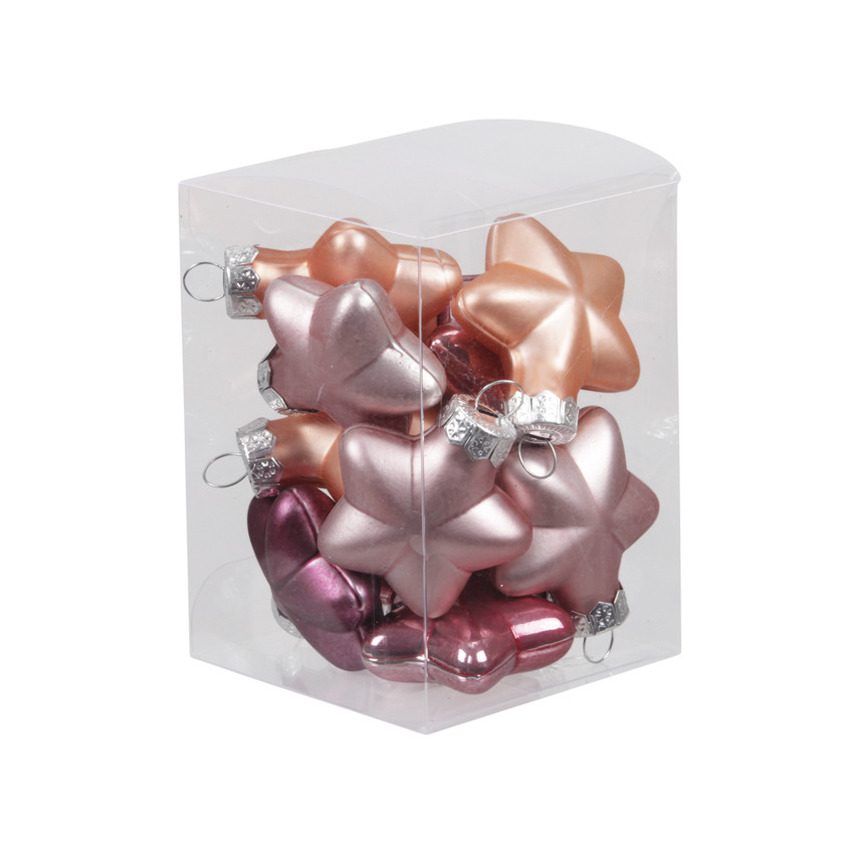 Kerstornamenten - sterren - 12x st - mix roze - 4 cm - glas - mat/glans - kerstversiering -