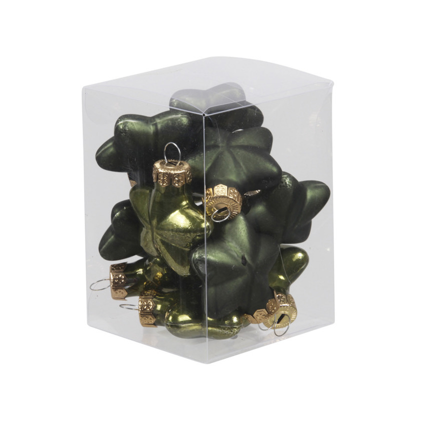 Kerstornamenten - sterren - 12x st - olijf groen - 4 cm - glas - mat/glans - kerstversiering -