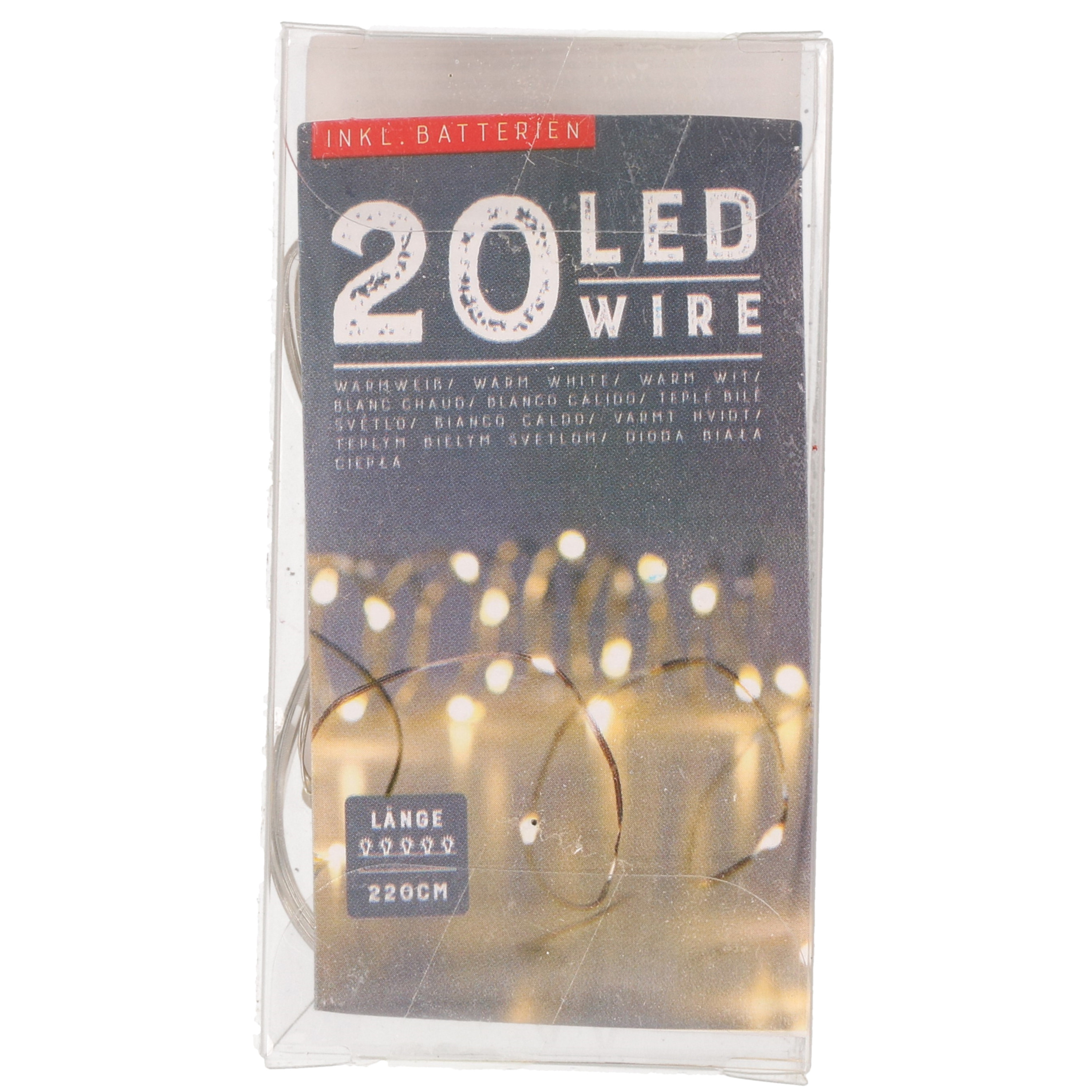 Draadverlichting - zilver- 20 LED - warm wit - 220 cm - kleine batterij houder -