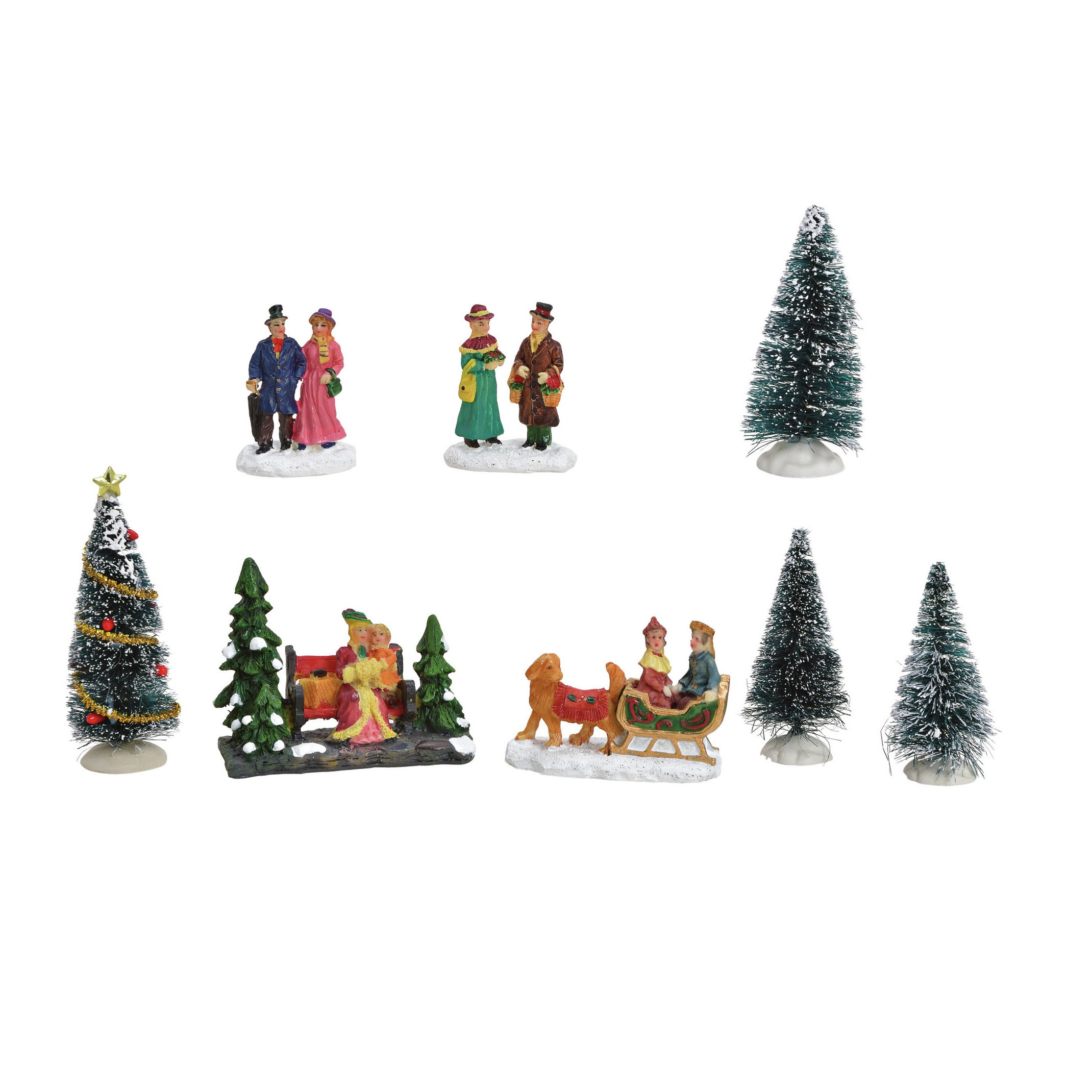 8x stuks kerstdorp accessoires figuurtjes/poppetjes en kerstboompje -