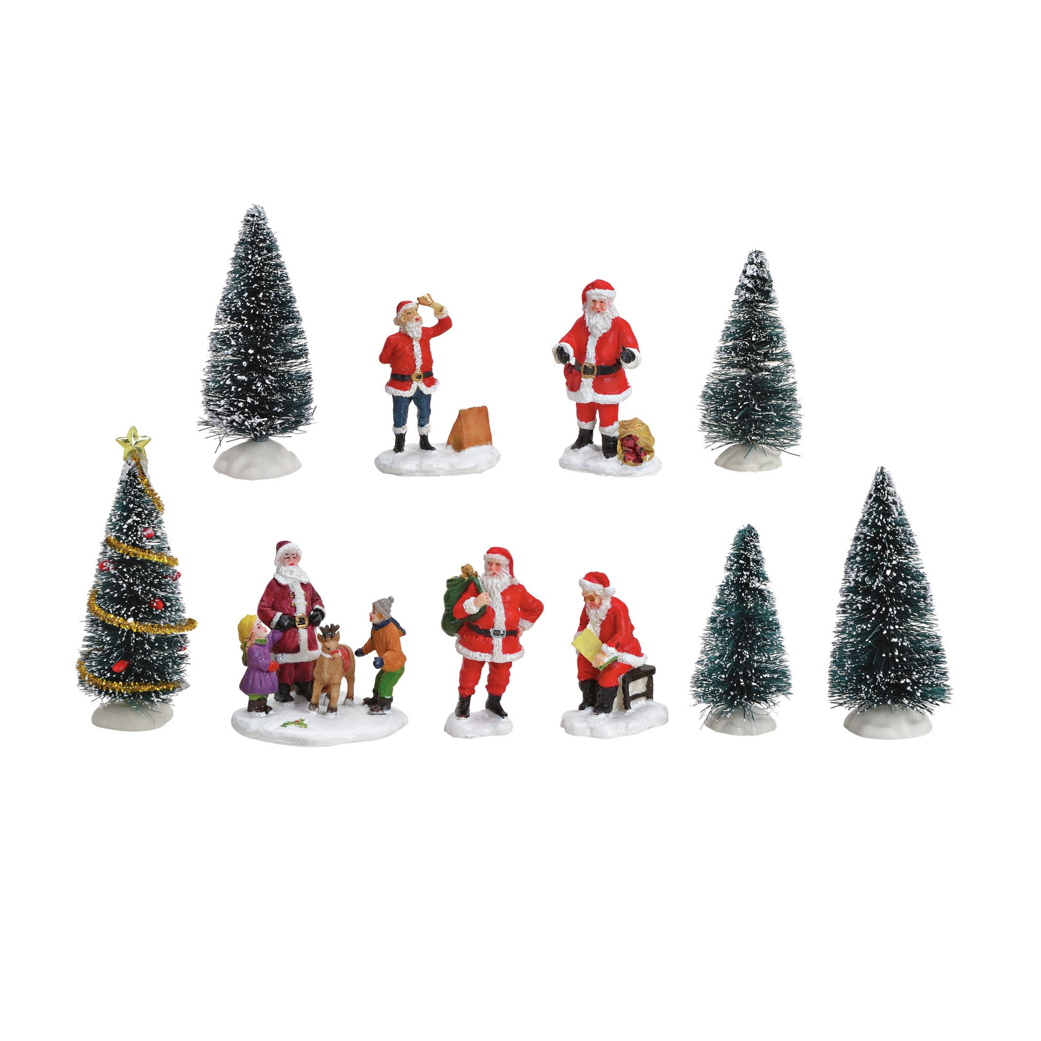Kerstdorp accessoires - 10x st - kerstman/kerstboompjes - kunststof - kerstdorp onderdelen -