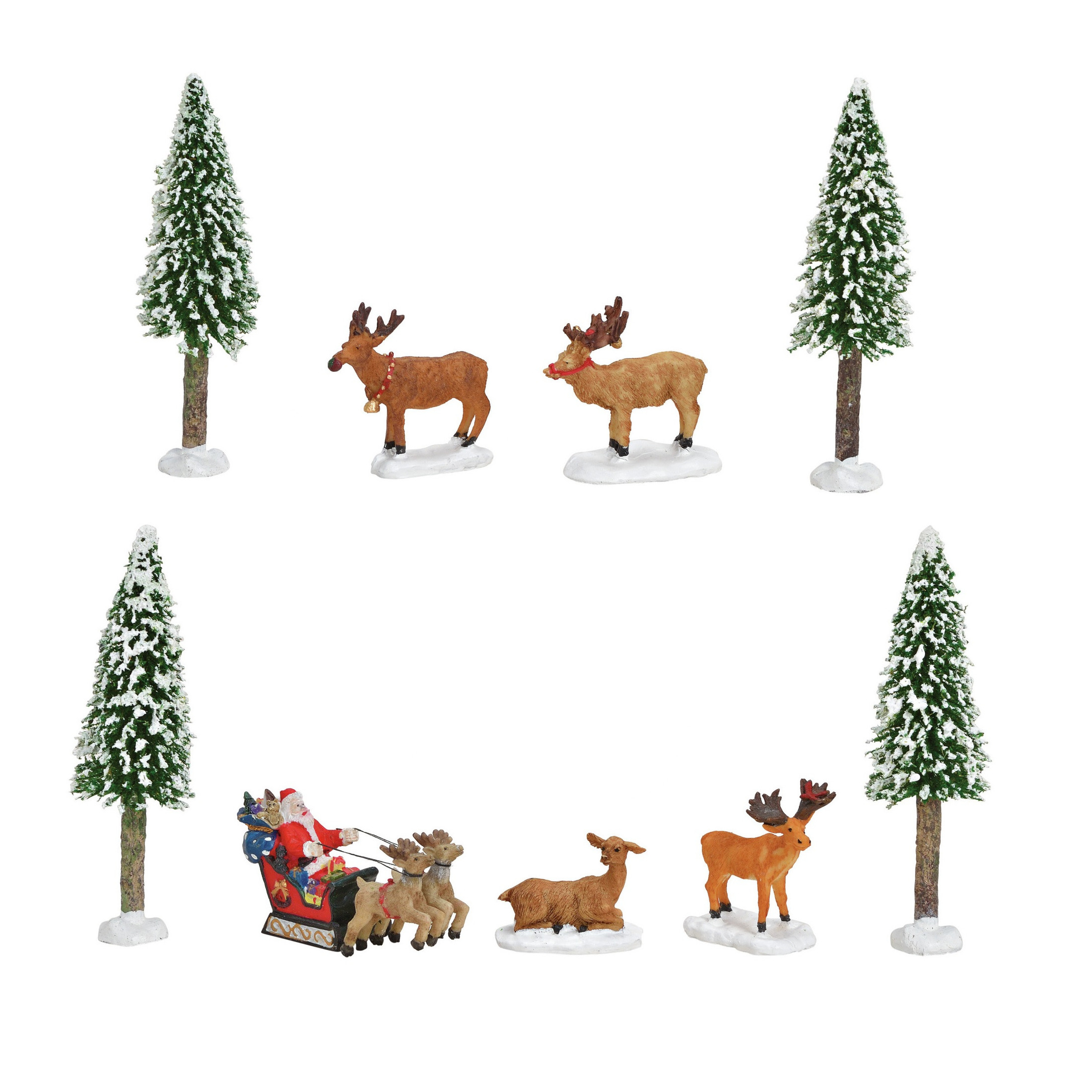 9x stuks kerstdorp accessoires rendier en kerstboompjes -
