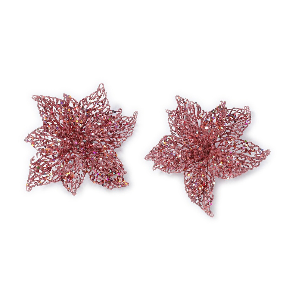 2x stuks decoratie kerststerren bloemen roze glitter op clip 18 cm -