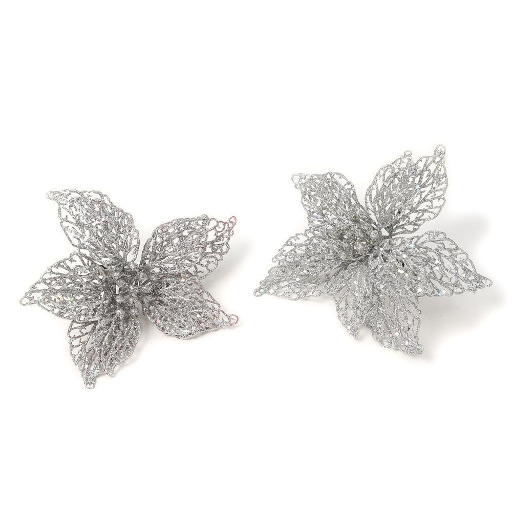 2x stuks decoratie kerststerren bloemen zilver glitter op clip 18 cm -