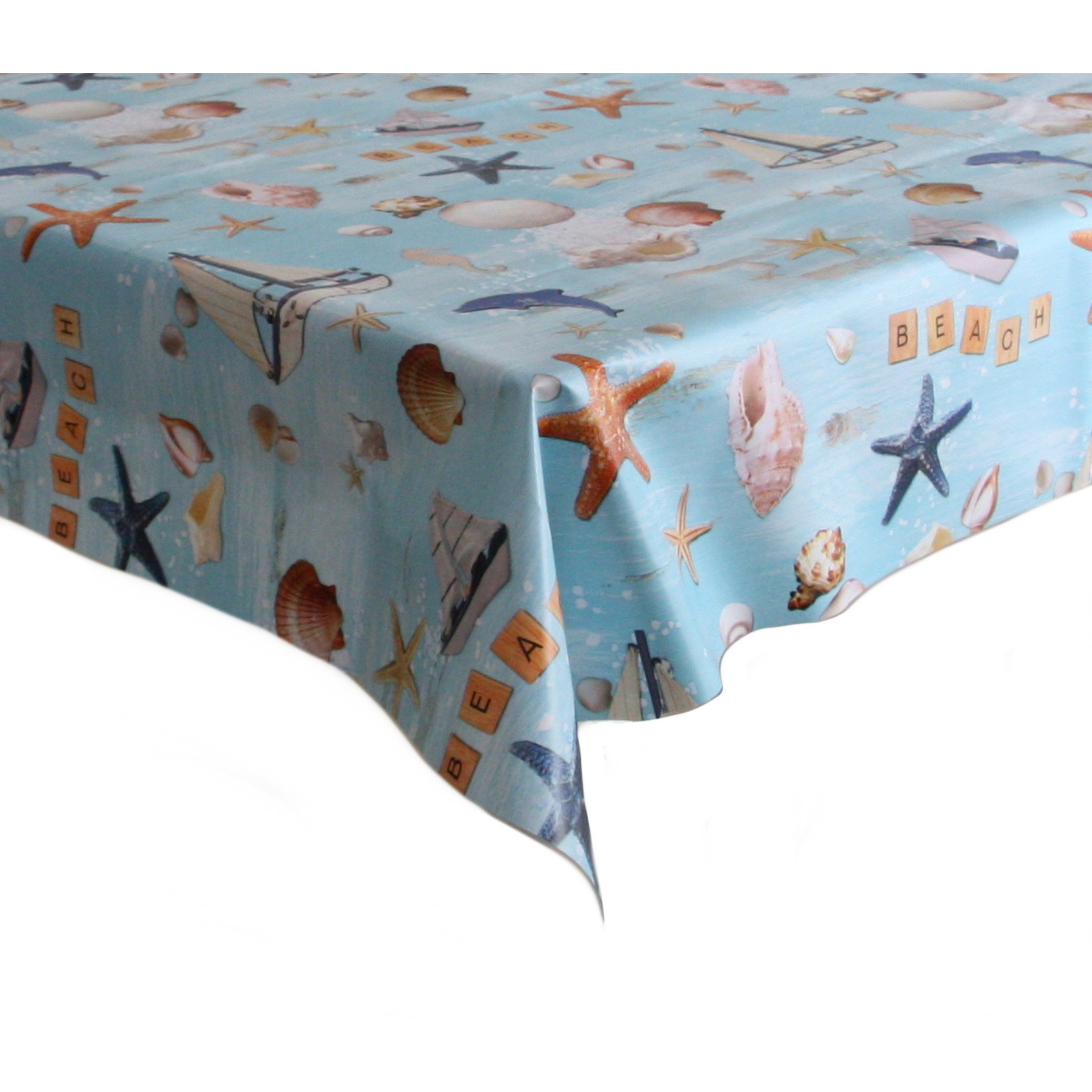 Tafelzeil/tafelkleed licht blauw met maritiem/strand print 140 x 250 cm -