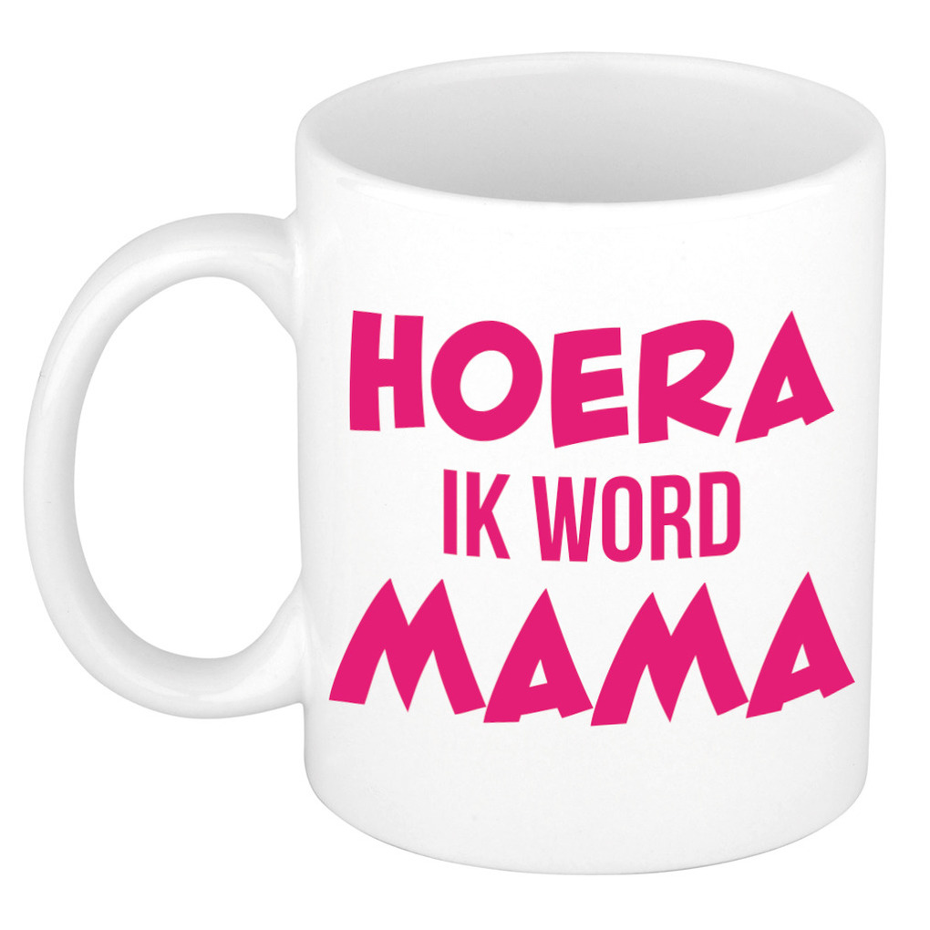 Hoera ik word mama kado mok / beker wit met roze letters 300 ml -