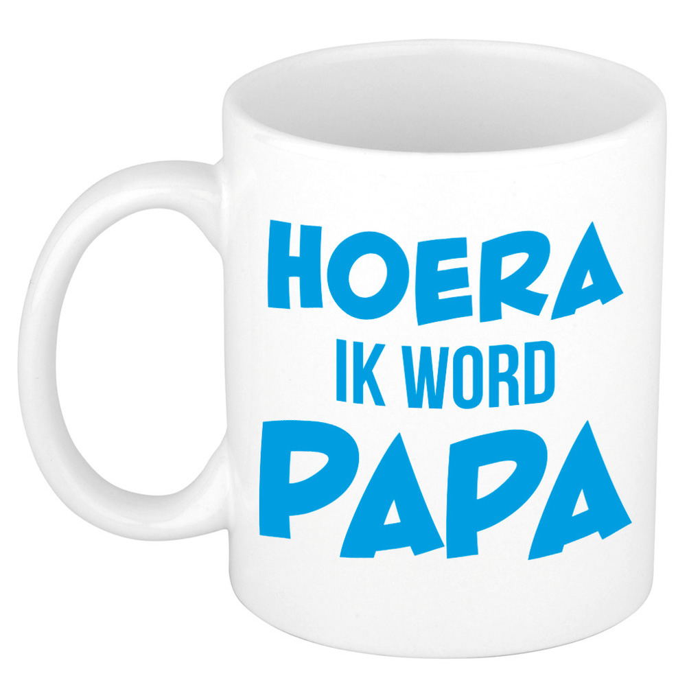 Hoera ik word papa kado mok / beker wit met blauwe letters 300 ml -