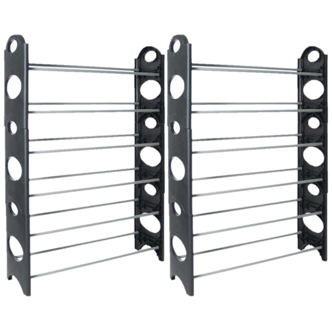 2x stuks kunststof stapelbaar schoenenrek/schoenenstandaard 6-laags 20 x 62 x 94 cm zwart/grijs -