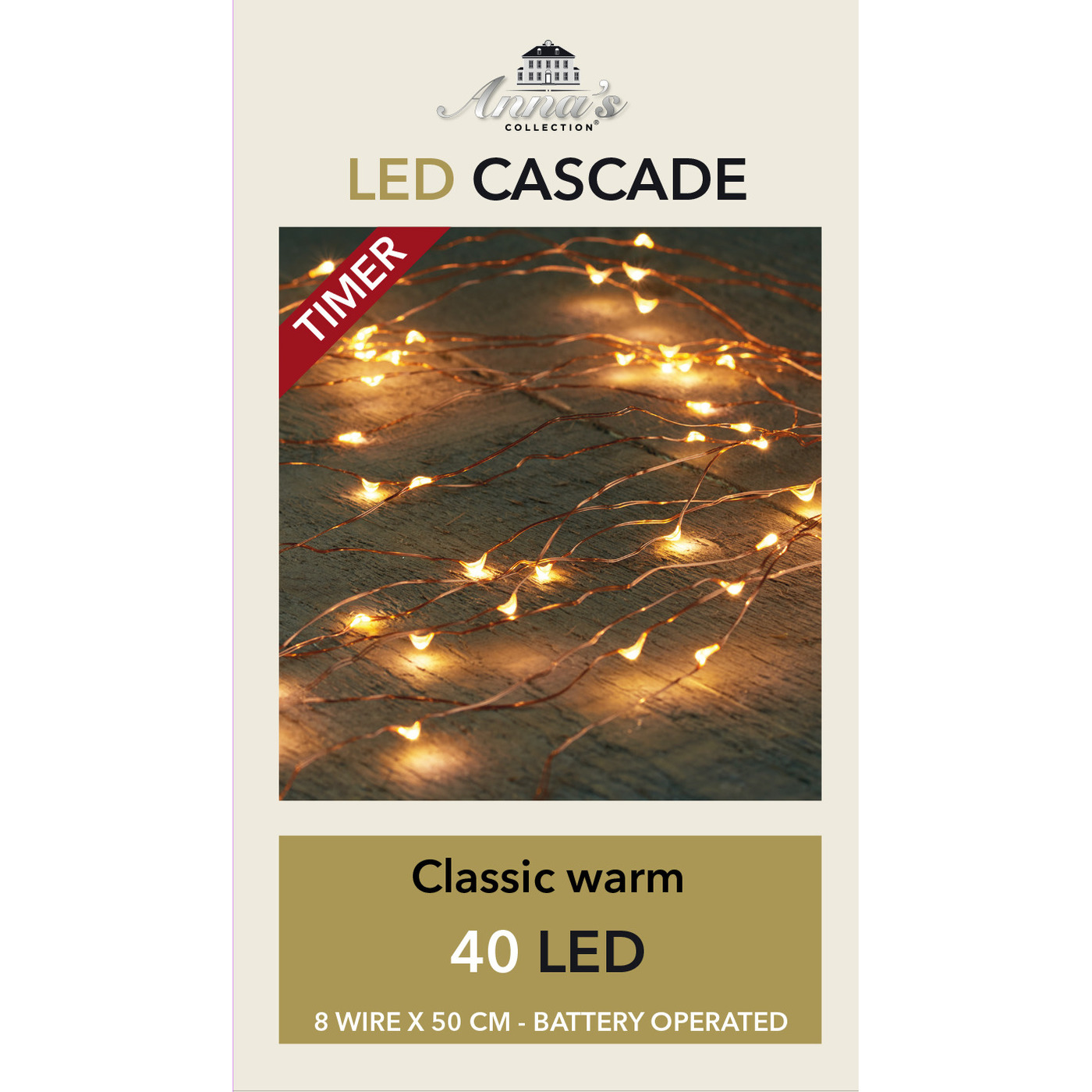Cascade draadverlichting lichtsnoer met 40 lampjes classic warm wit op batterijen -