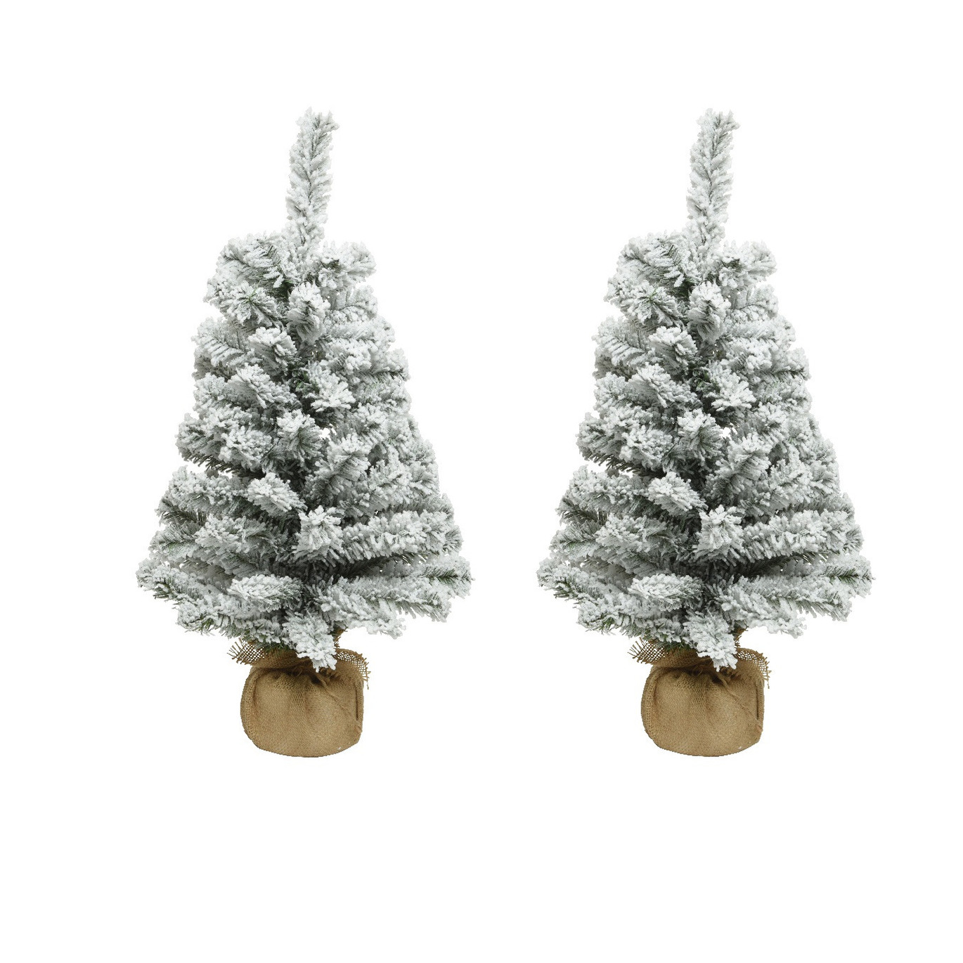 Everlands kunst kerstboom - 2x stuks - H75 cm - met sneeuw - kunstboom - jute zak - Imperial -