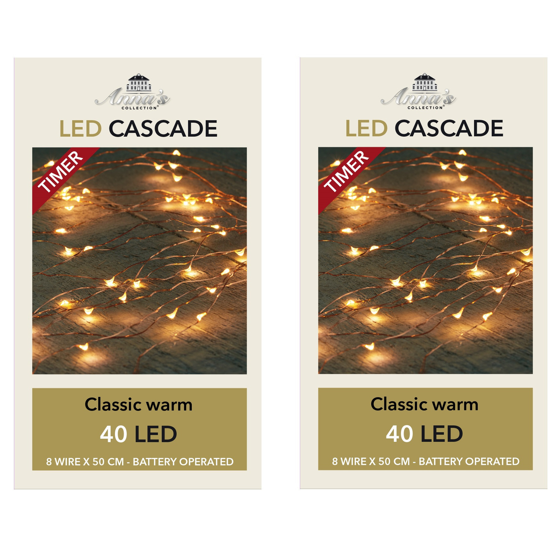 Set van 4x stuks cascade draadverlichting lichtsnoer met 40 lampjes warm wit op batterijen -