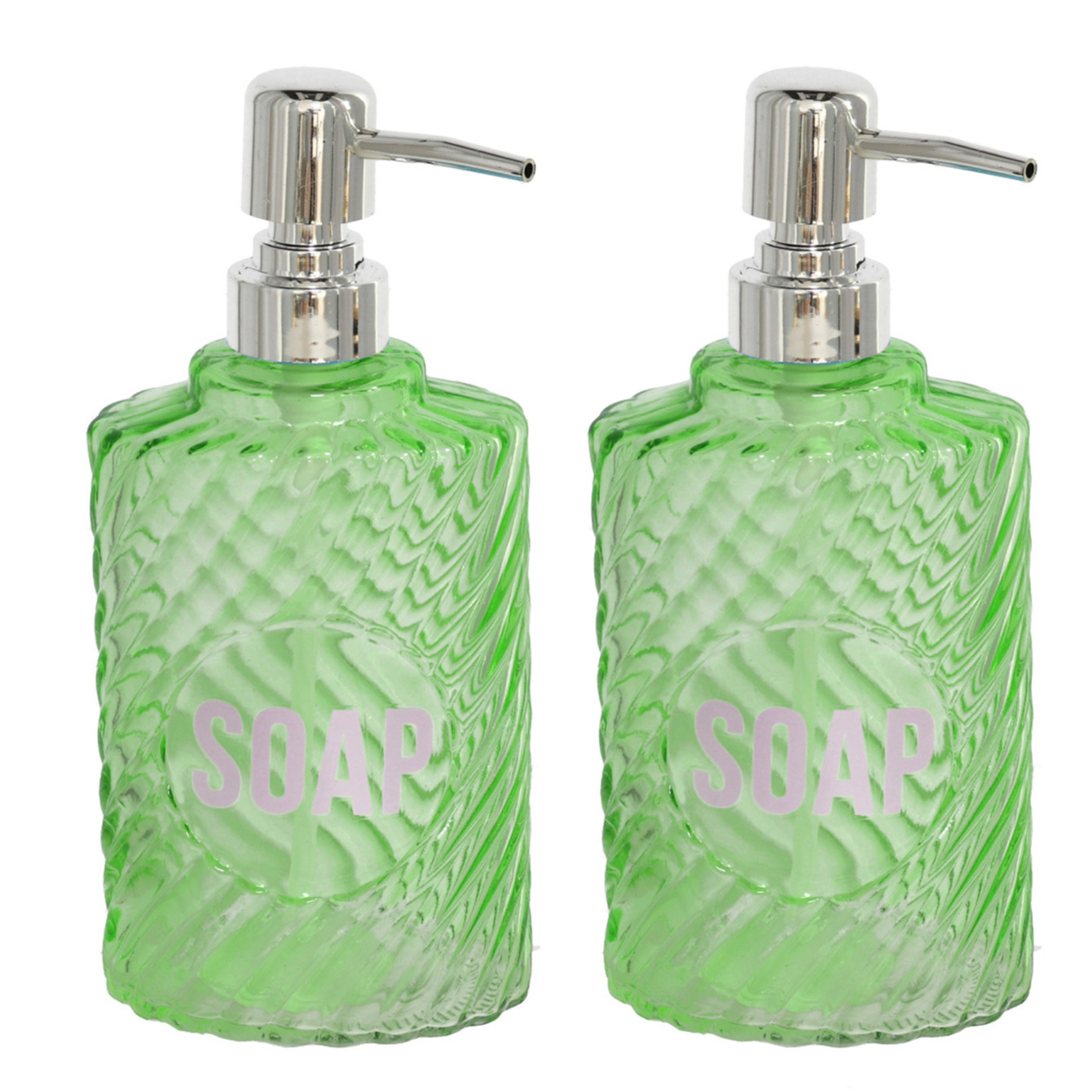 2x stuks zeeppompjes/zeepdispensers appeltjesgroen van glas 500 ml -