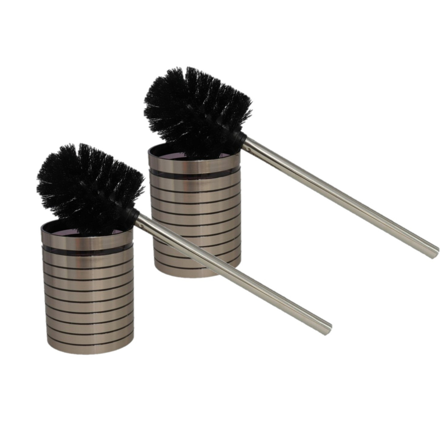 2x stuks WC/Toiletborstels met houder kunststof zilver met zwarte ragebol -