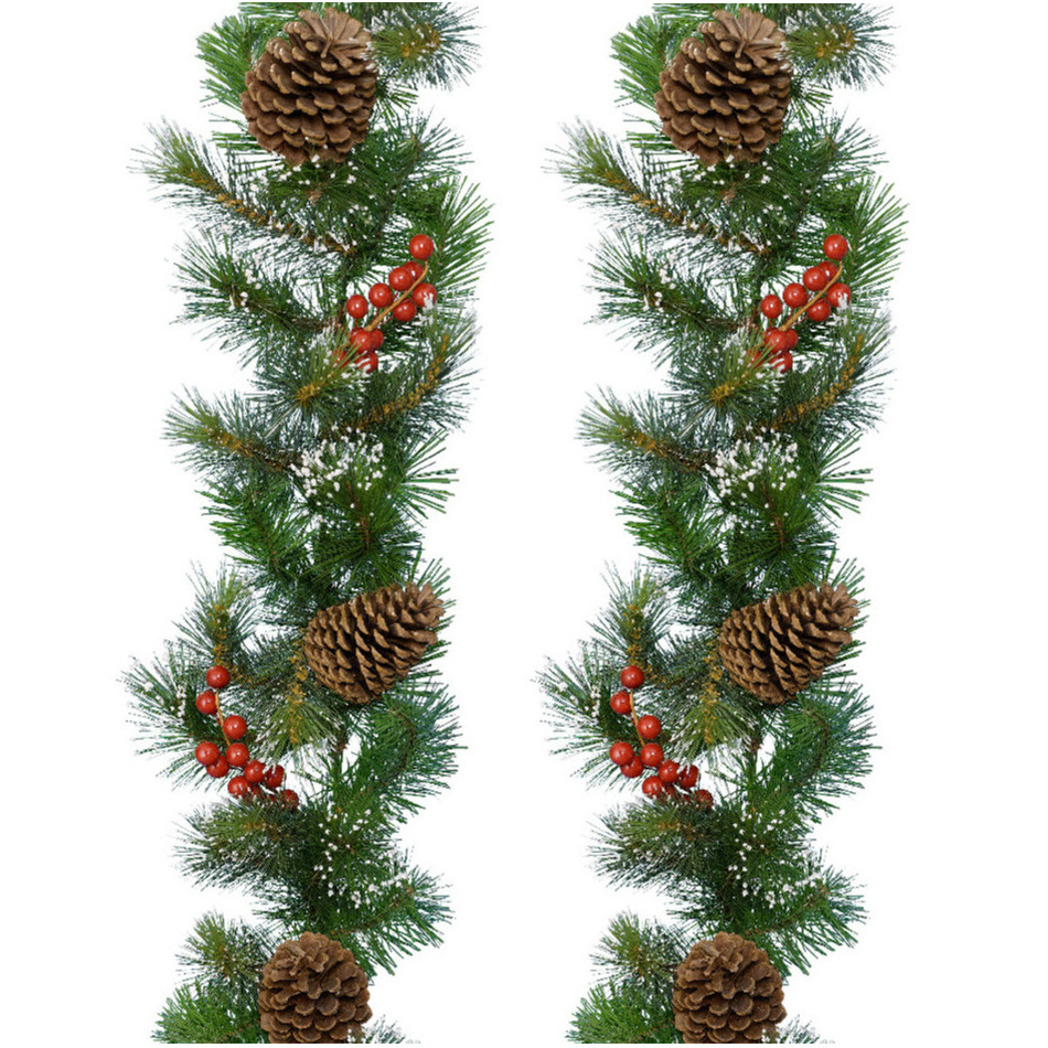 Set van 2x stuks kerst dennenslinger guirlandes groen met sneeuw en decoratie 270 cm -