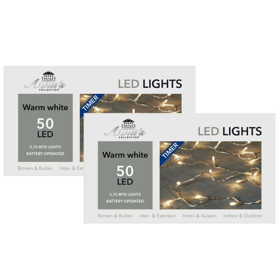 Set van 2x stuks kerstverlichting met timer 50 warm witte lampjes op batterijen -