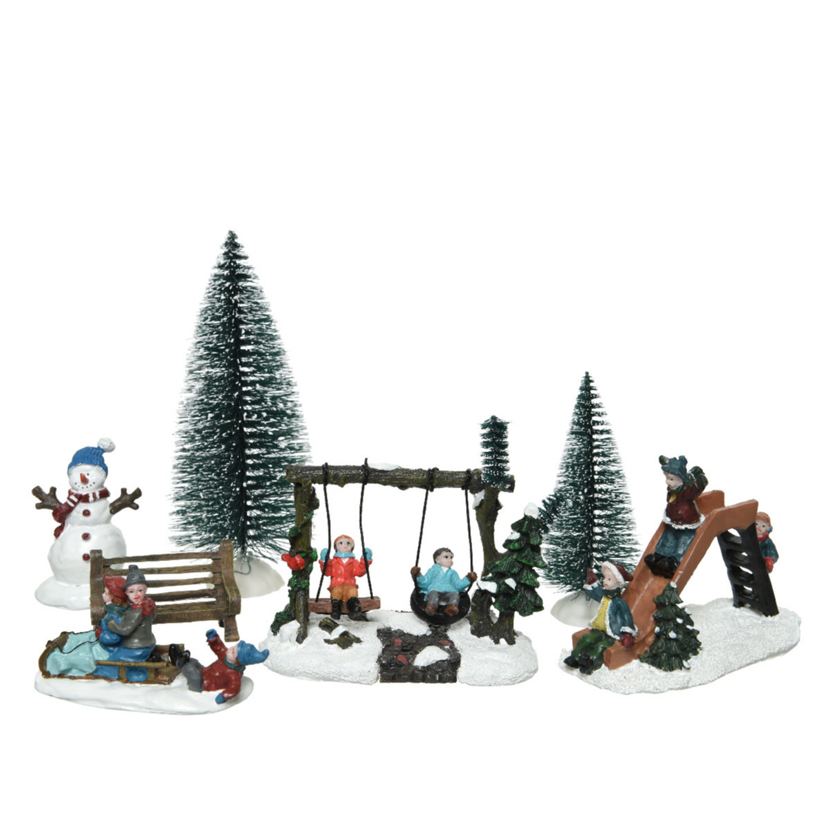 7x stuks kerstdorp accessoires figuurtjes/poppetjes en kerstboompje -