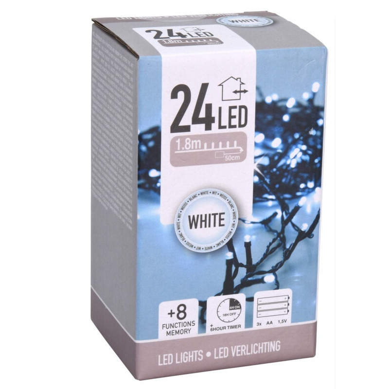 Kerstverlichting - op batterij - helder wit  - 24 leds- 180 cm -