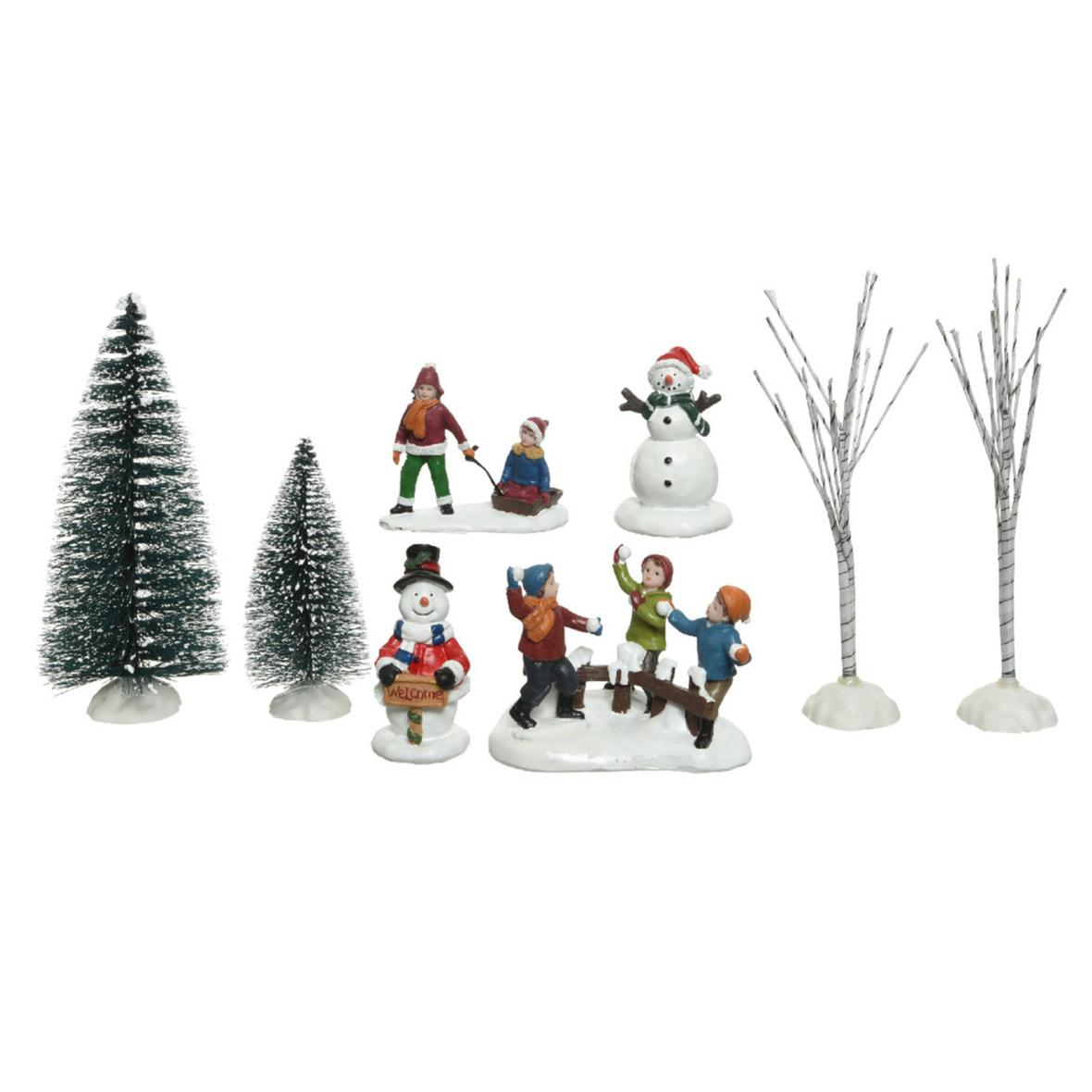 8x stuks kerstdorp accessoires figuurtjes/poppetjes en kerstboompje -