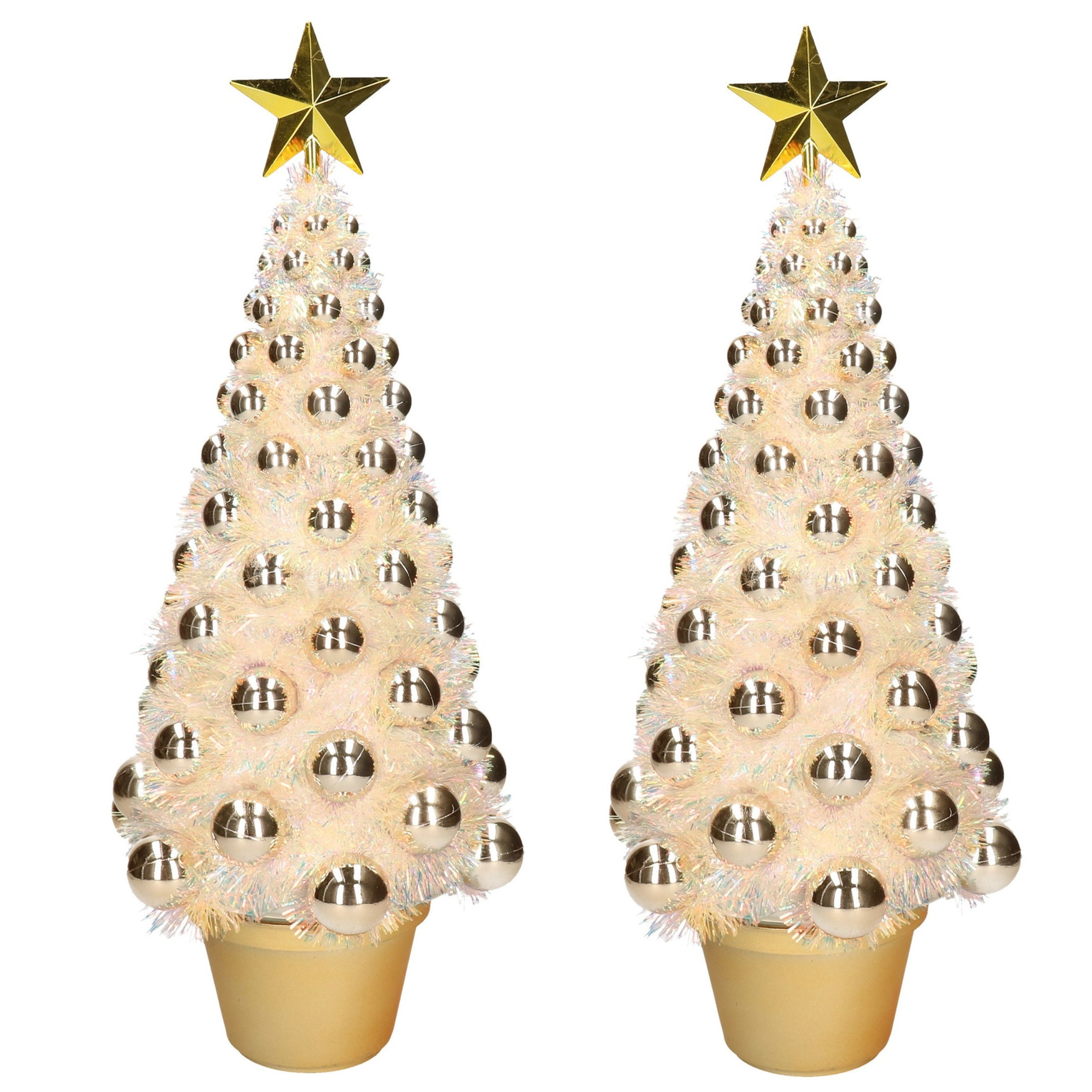 2x stuks complete mini kunst kerstbomen / kunstbomen goud met lichtjes 50 cm -