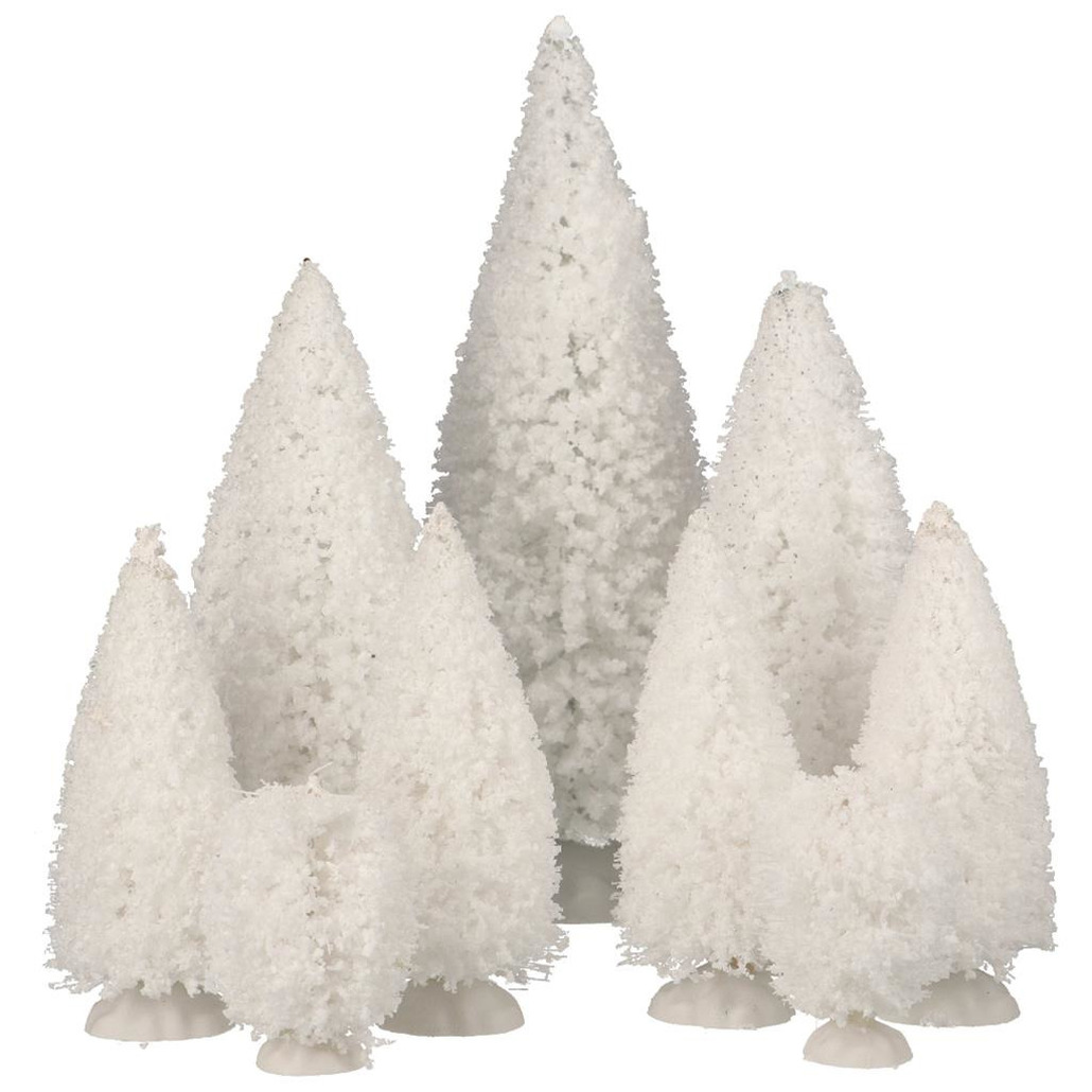 Miniatuur kerstboompjes - 9x st - wit - 5 tot 20 cm - kunststof - kerstdorp bomen -