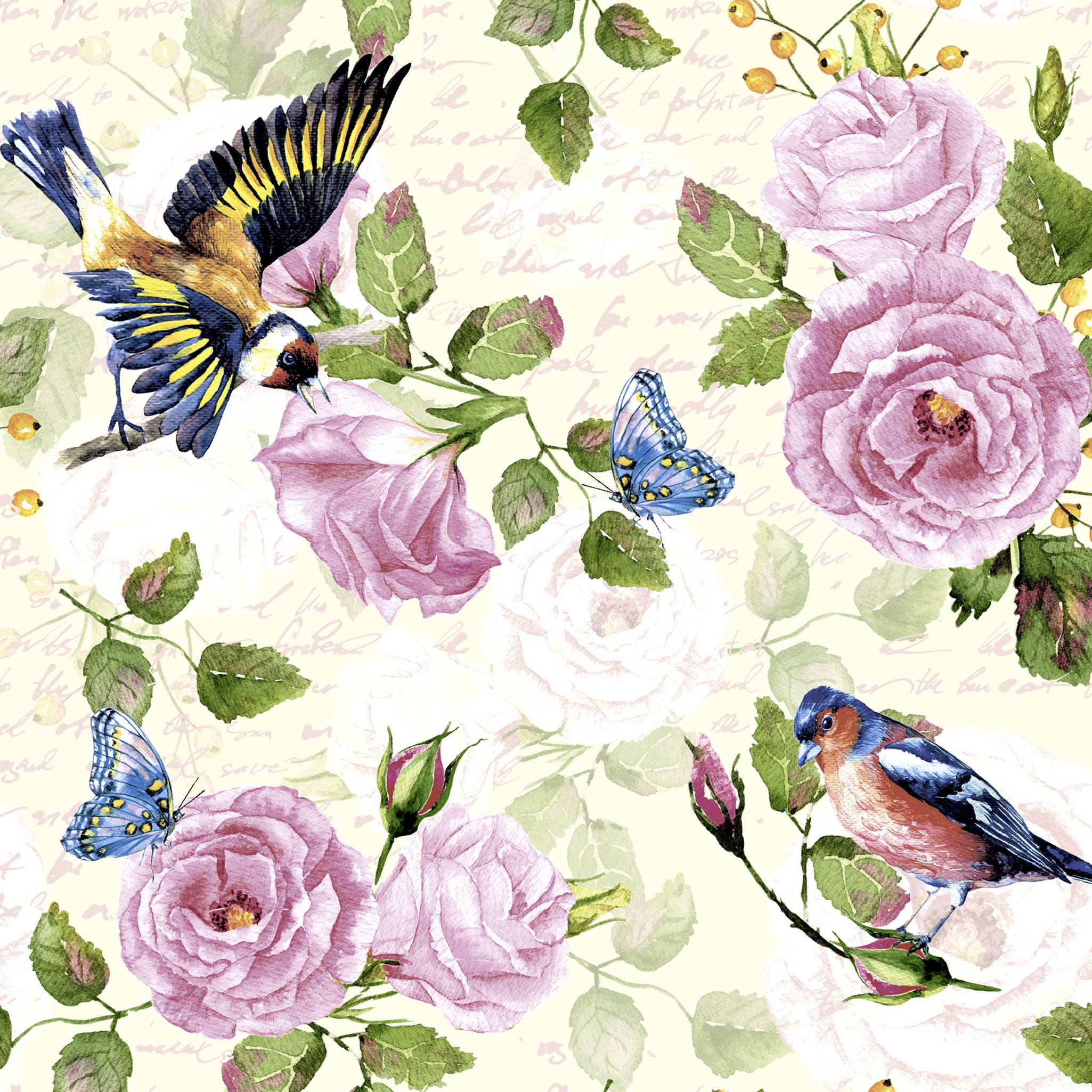 20x luxe tafel diner/lunch servetten 33 x 33 cm in tuinvogeltjes en bloemen print 3-laags -