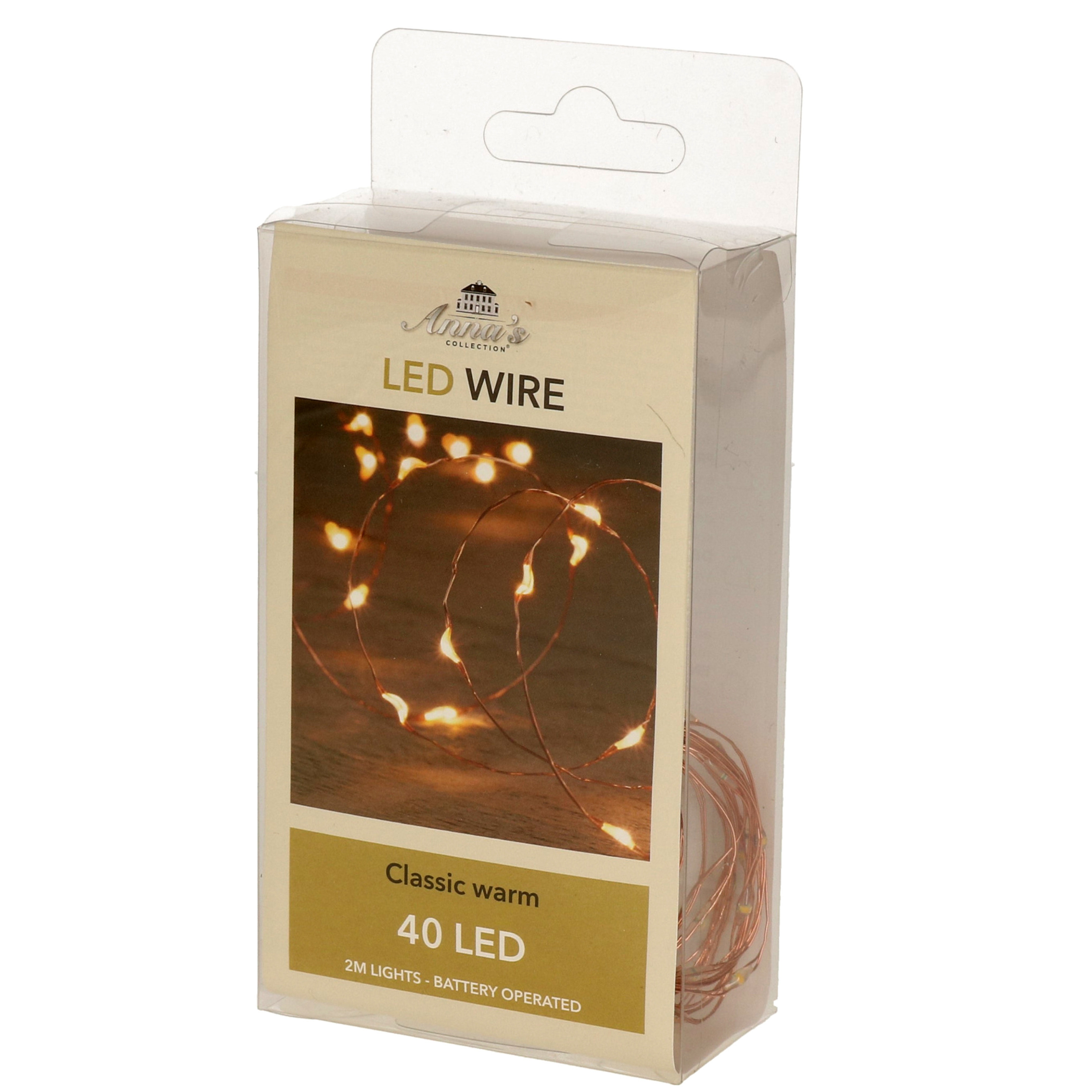 Draadverlichting - lichtsnoer - koper - 40 led lampjes - warm wit - 200 cm - batterij -
